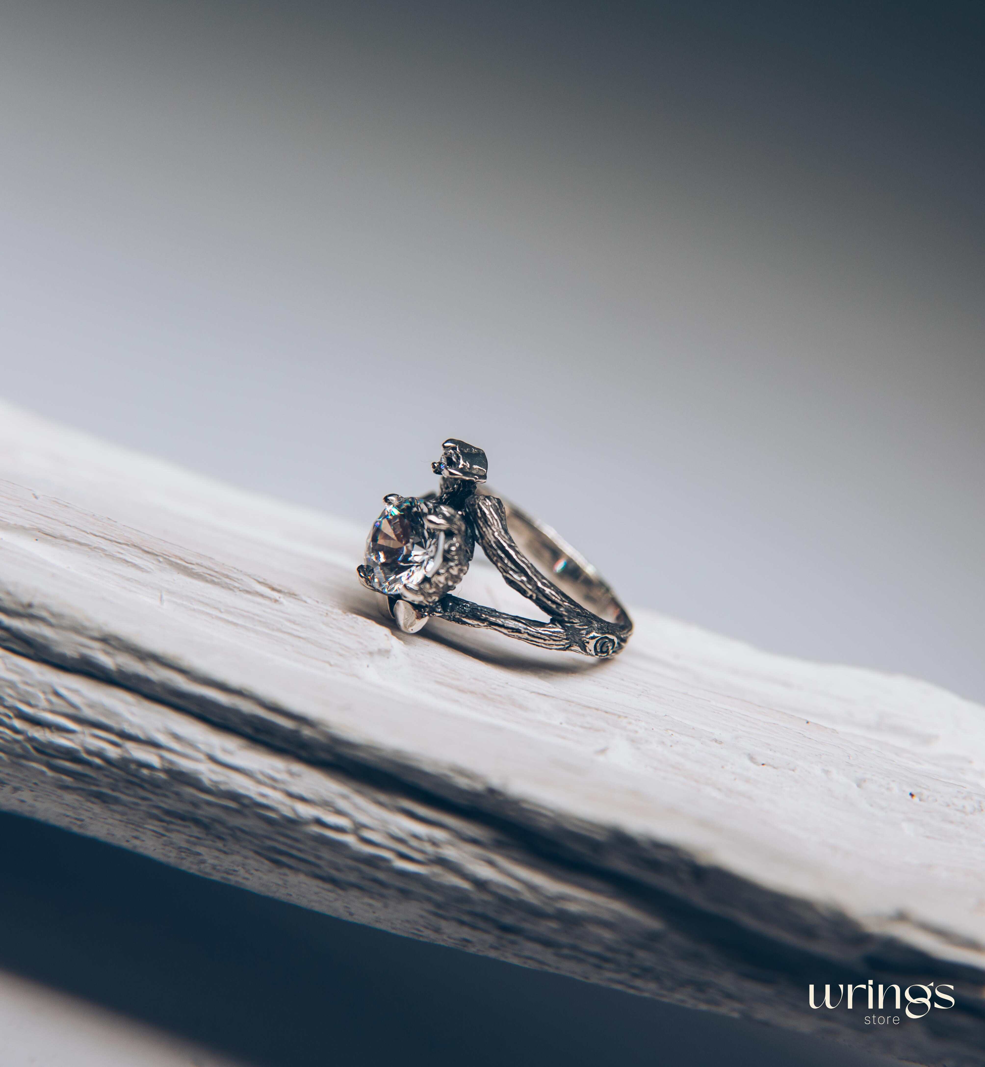 Silver Branch Engagement Ring with Large Gemstone and Leaves