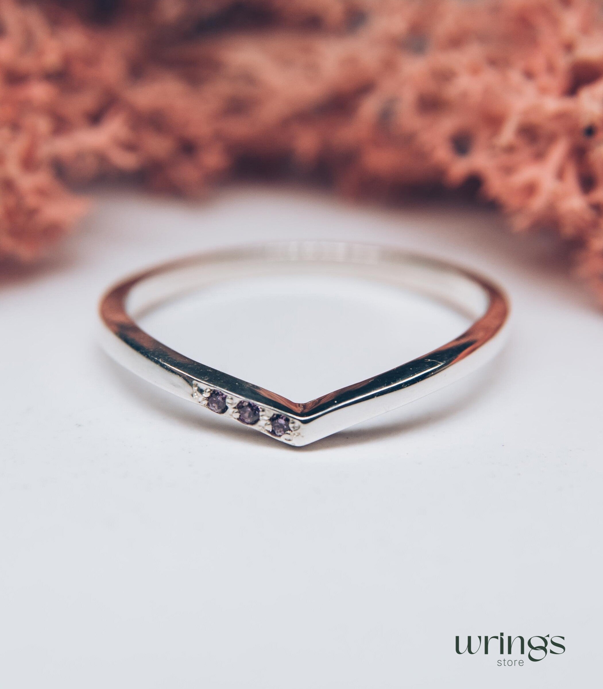 Silver Curved Chevron Wedding Band with 3 Amethysts
