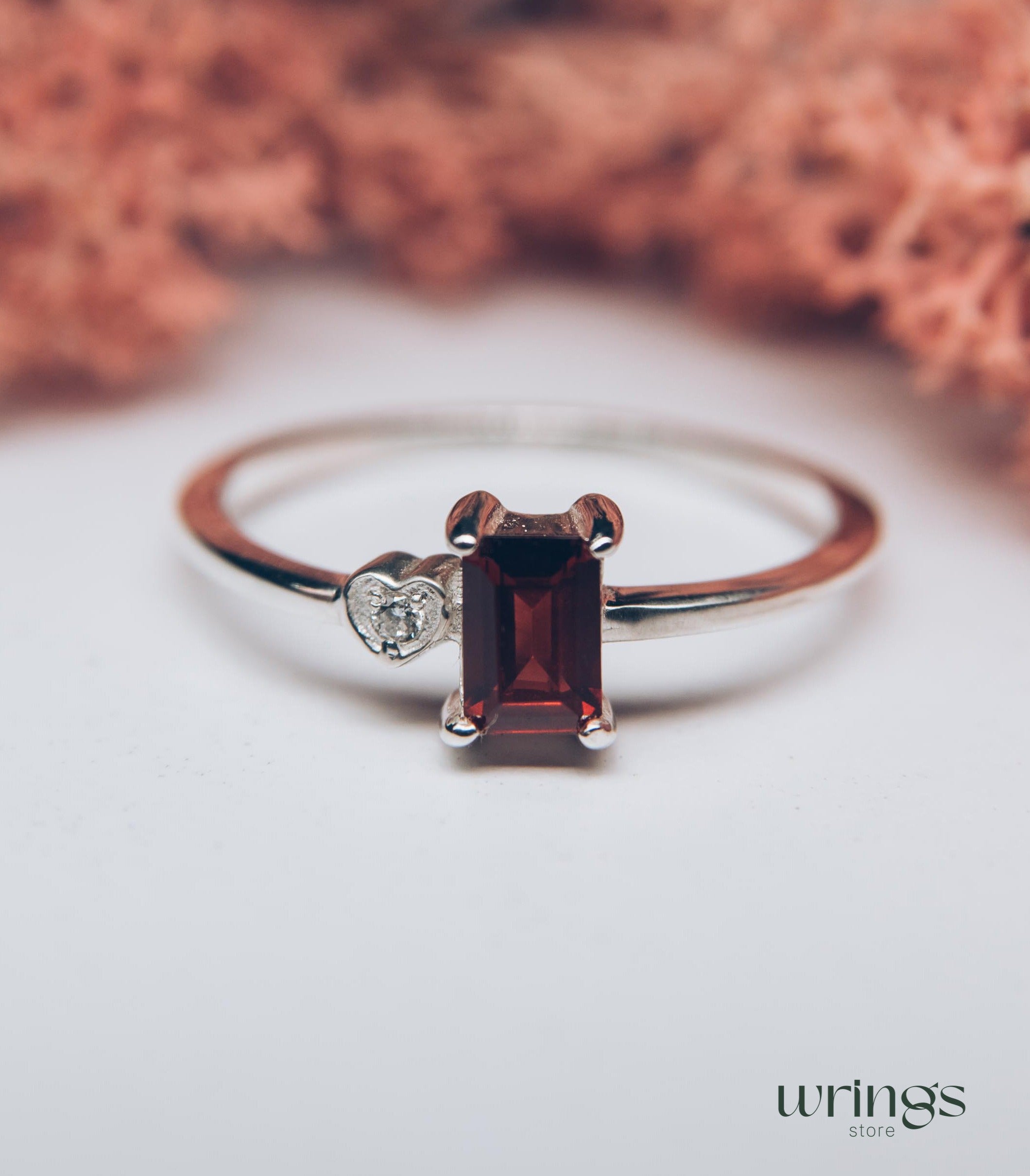 Silver Garnet Engagement Ring & Side Stone CZ in Heart