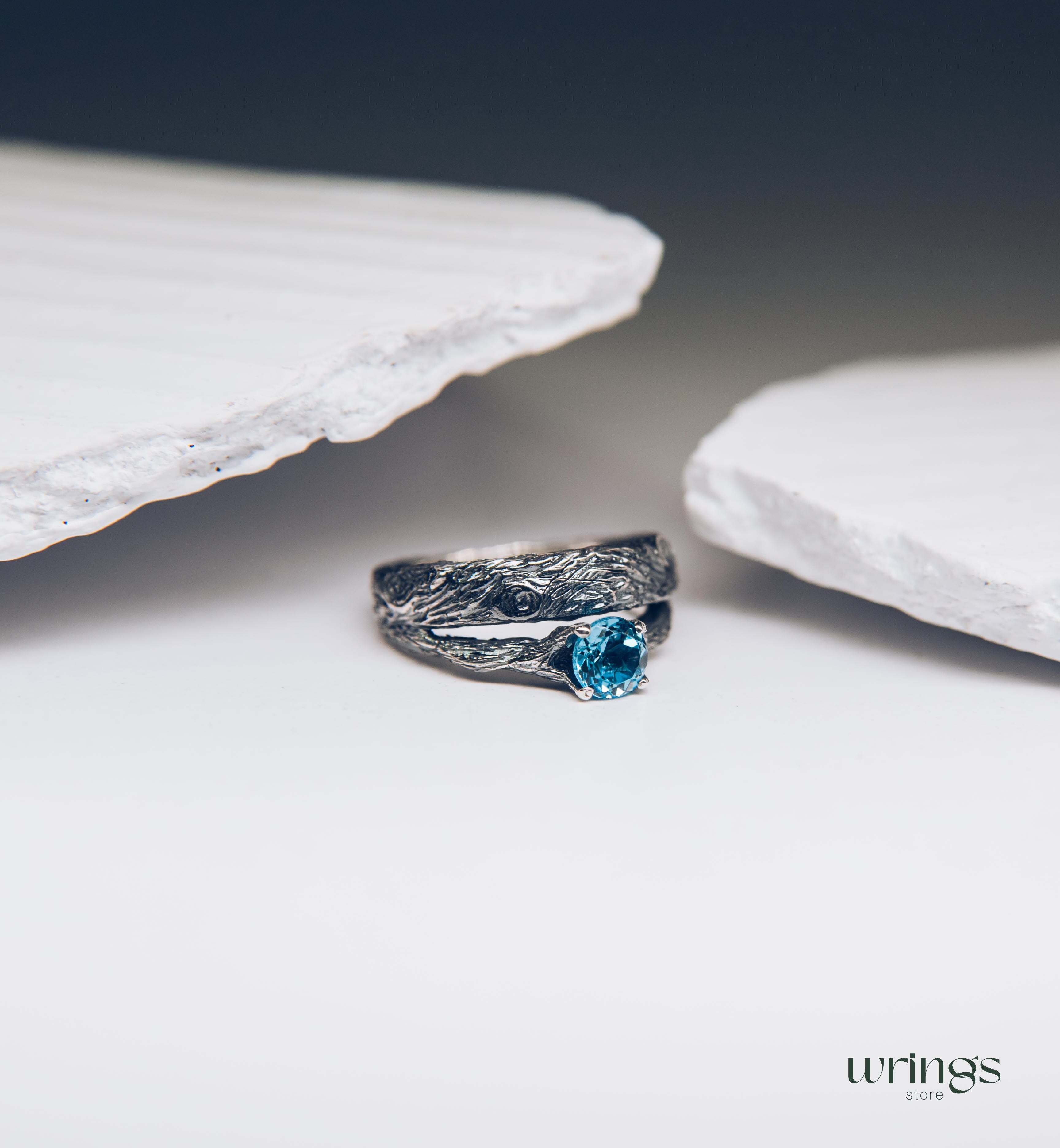 Silver Tree bark & Shiny Topaz Engagement Ring