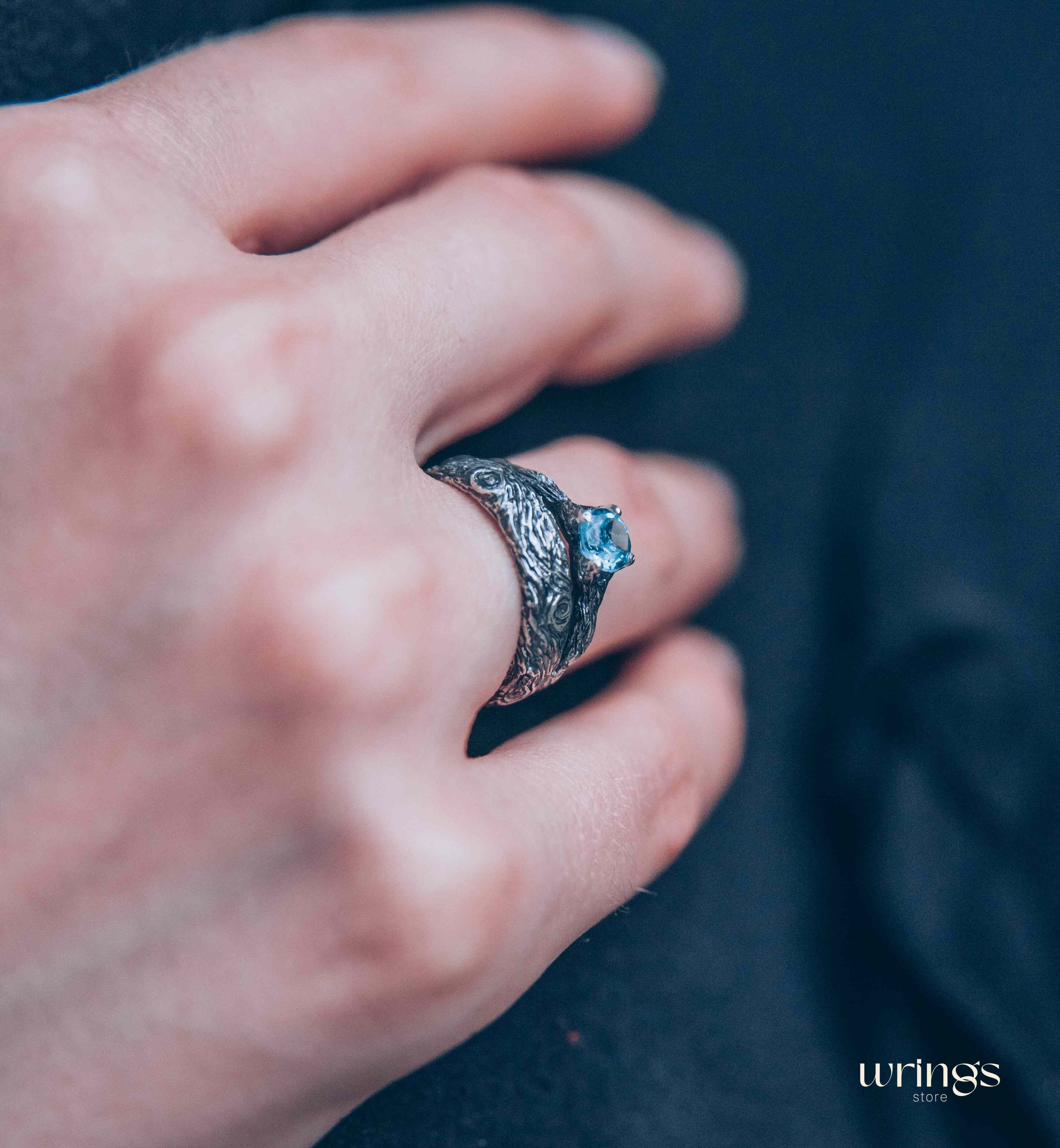 Silver Tree bark & Shiny Topaz Engagement Ring
