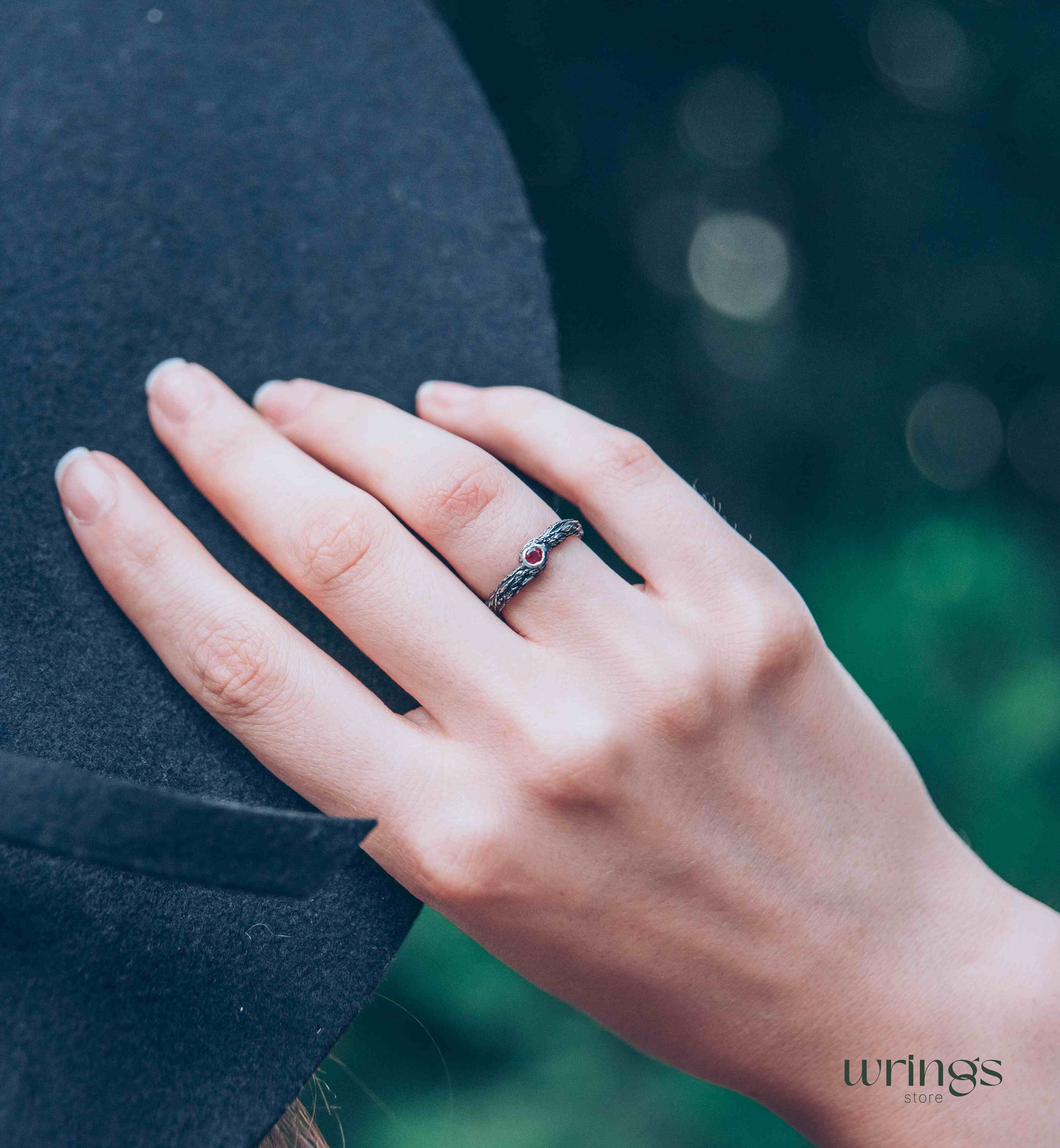 Simple Forest Nature Silver Branch Ruby Engagement Ring