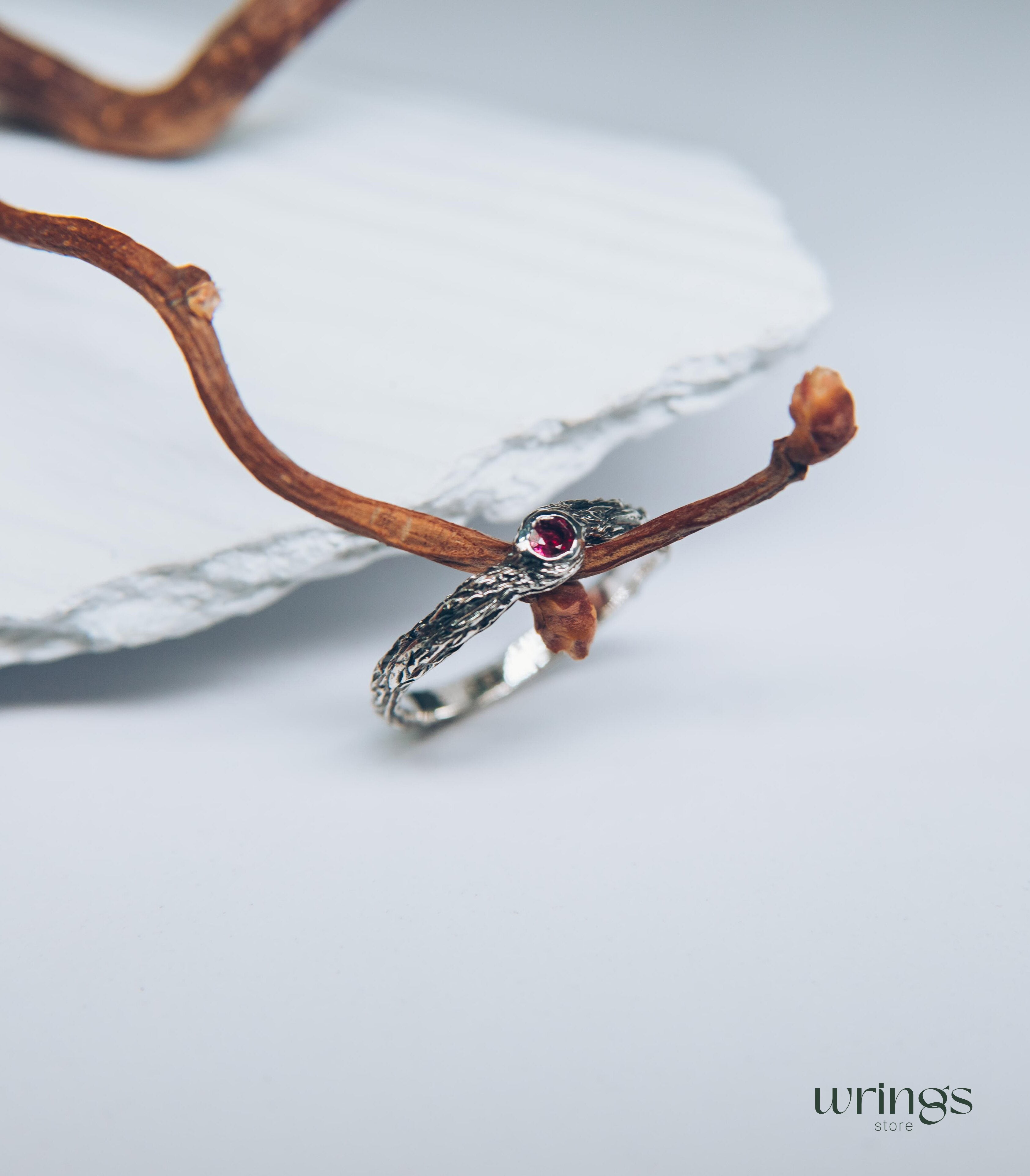 Simple Forest Nature Silver Branch Ruby Engagement Ring