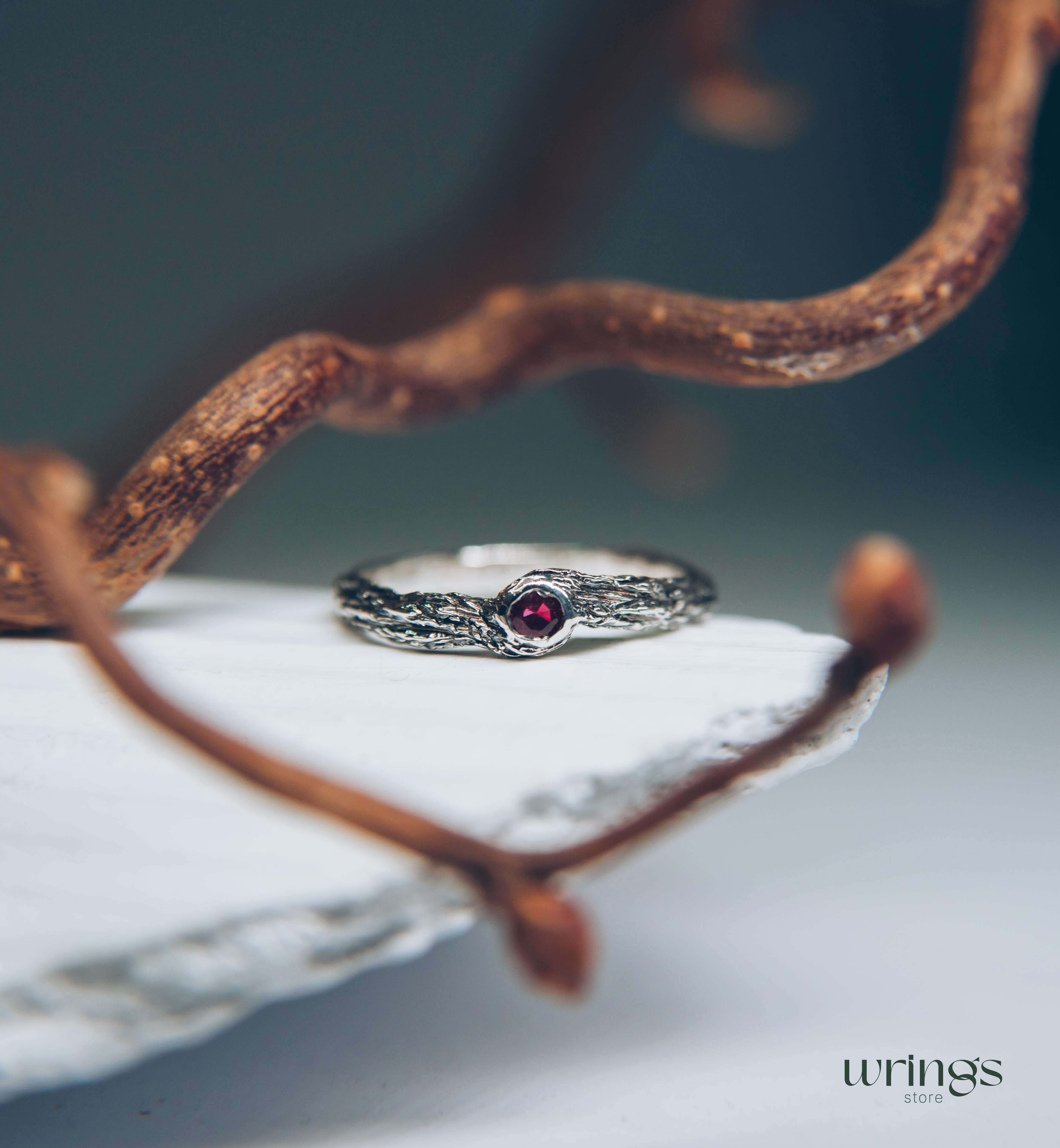 Simple Forest Nature Silver Branch Ruby Engagement Ring