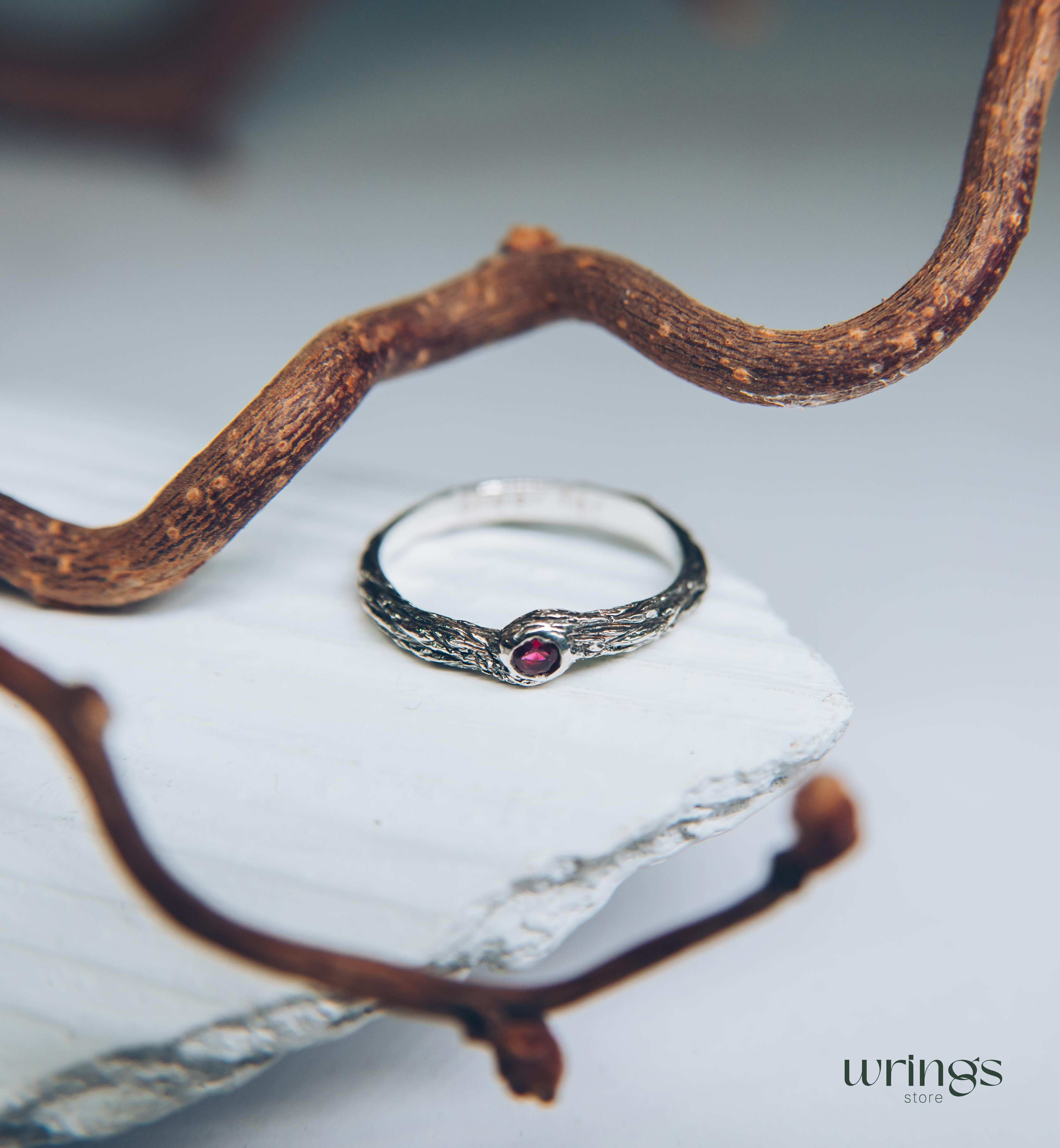 Simple Forest Nature Silver Branch Ruby Engagement Ring