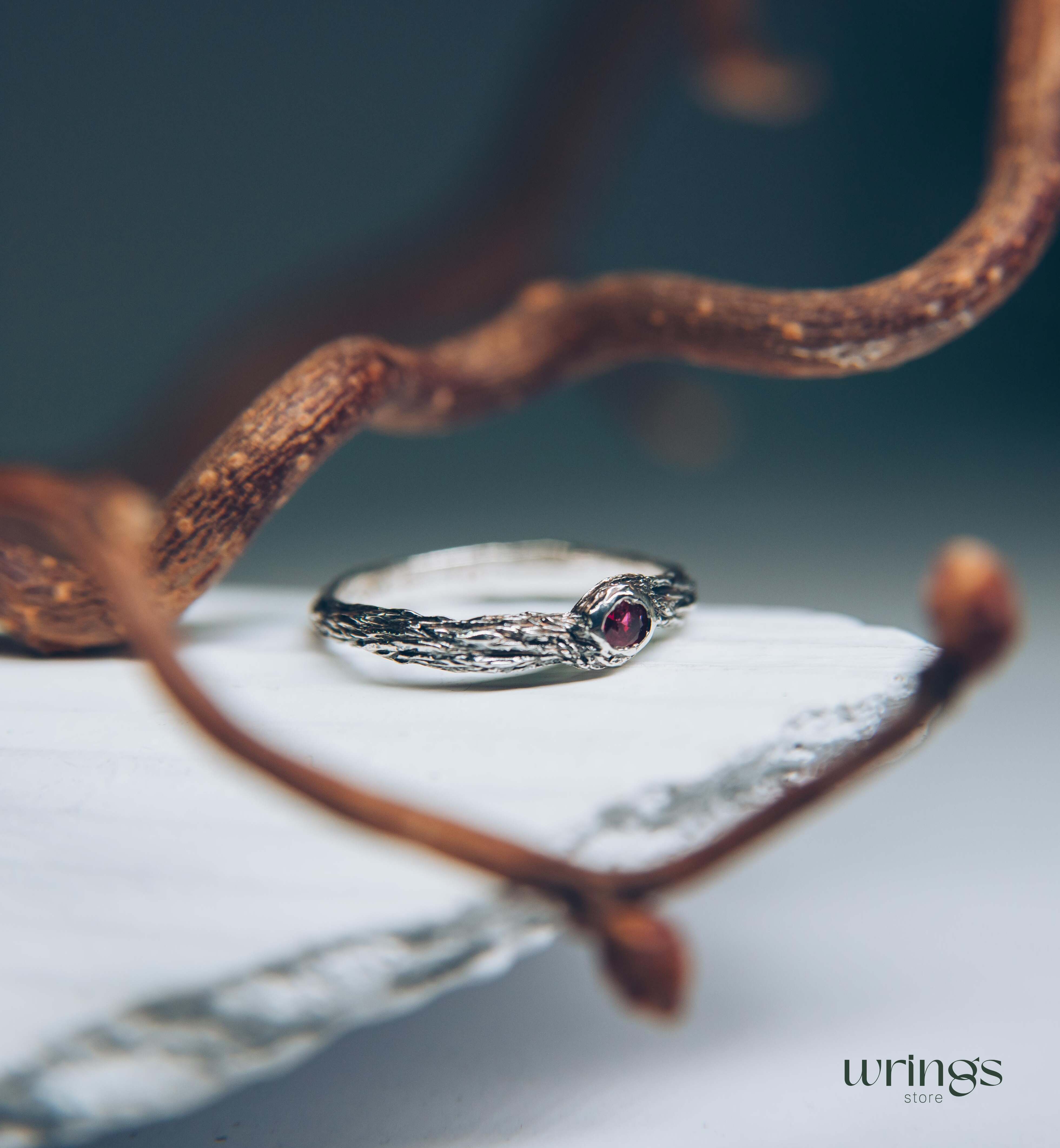Simple Forest Nature Silver Branch Ruby Engagement Ring