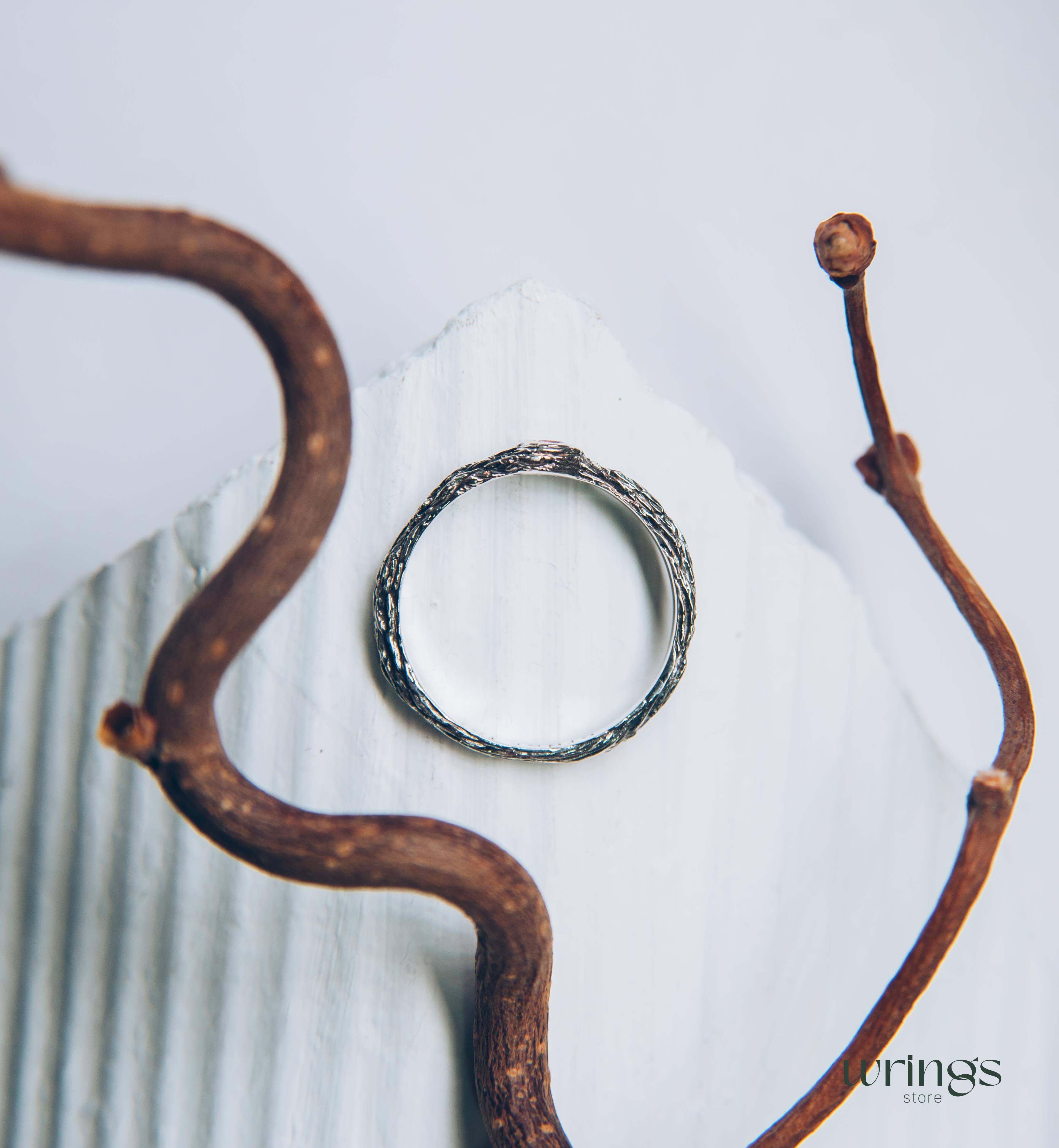 Simple Forest Nature Silver Branch Ruby Engagement Ring