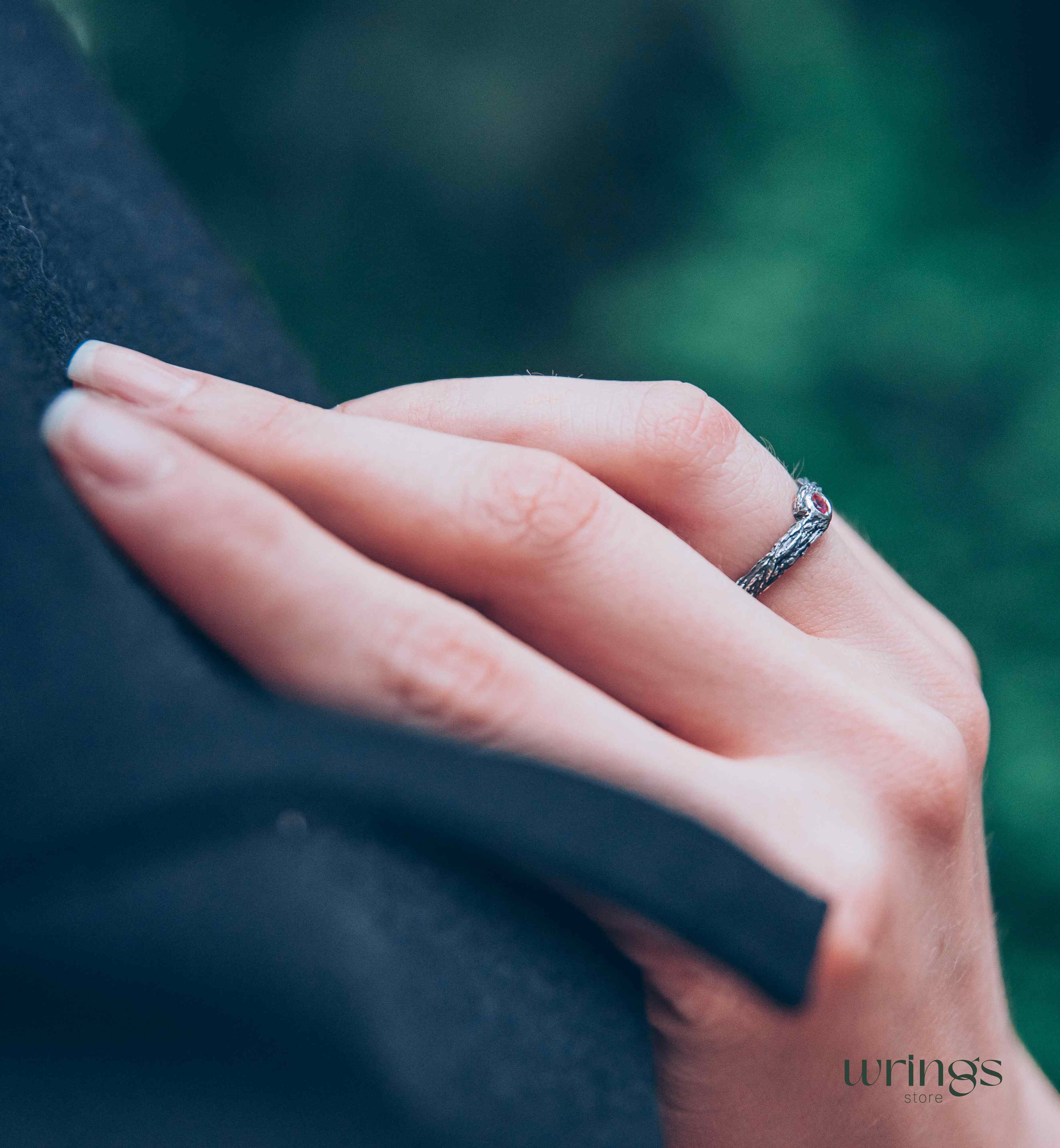 Simple Forest Nature Silver Branch Ruby Engagement Ring