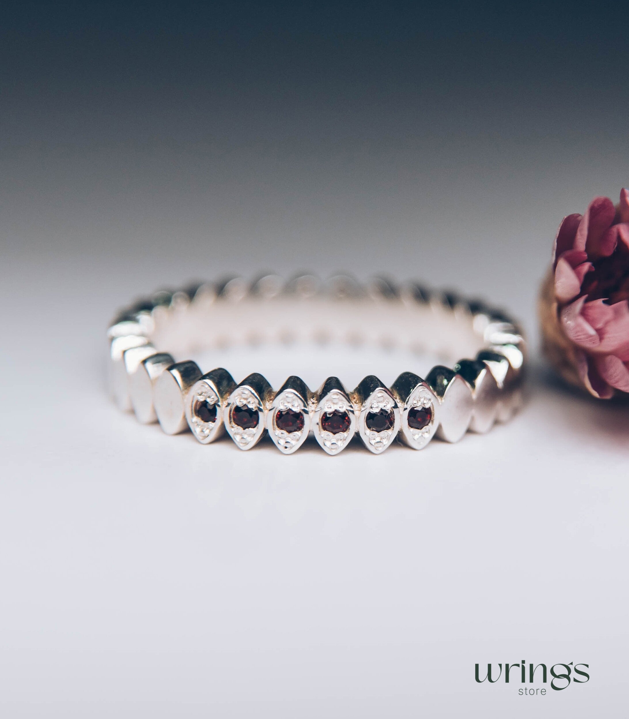 Six Garnets Beaded Style Silver Pretty Promise Ring