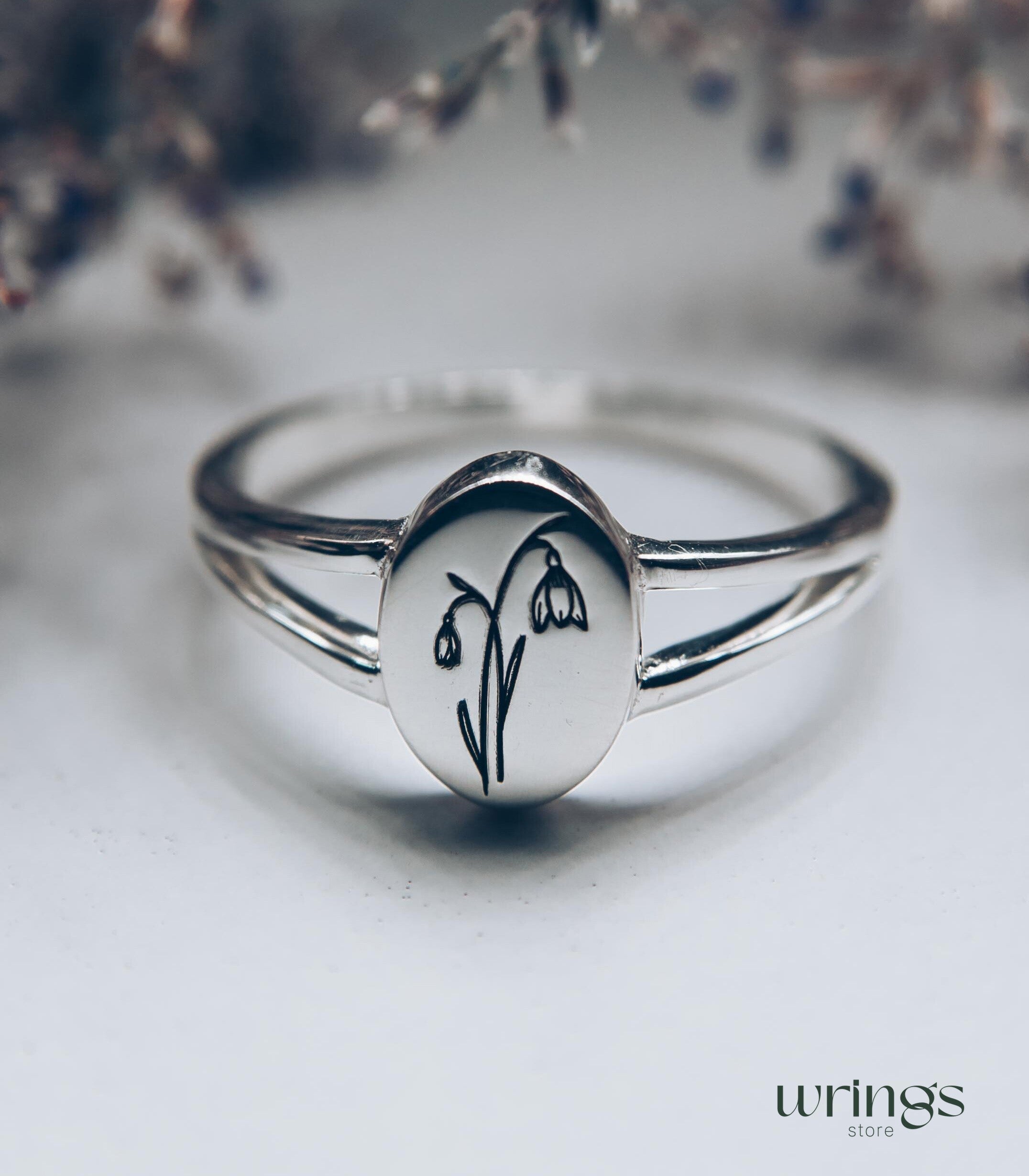Snowdrop January Birthflower Ring Signet Silver Split Band