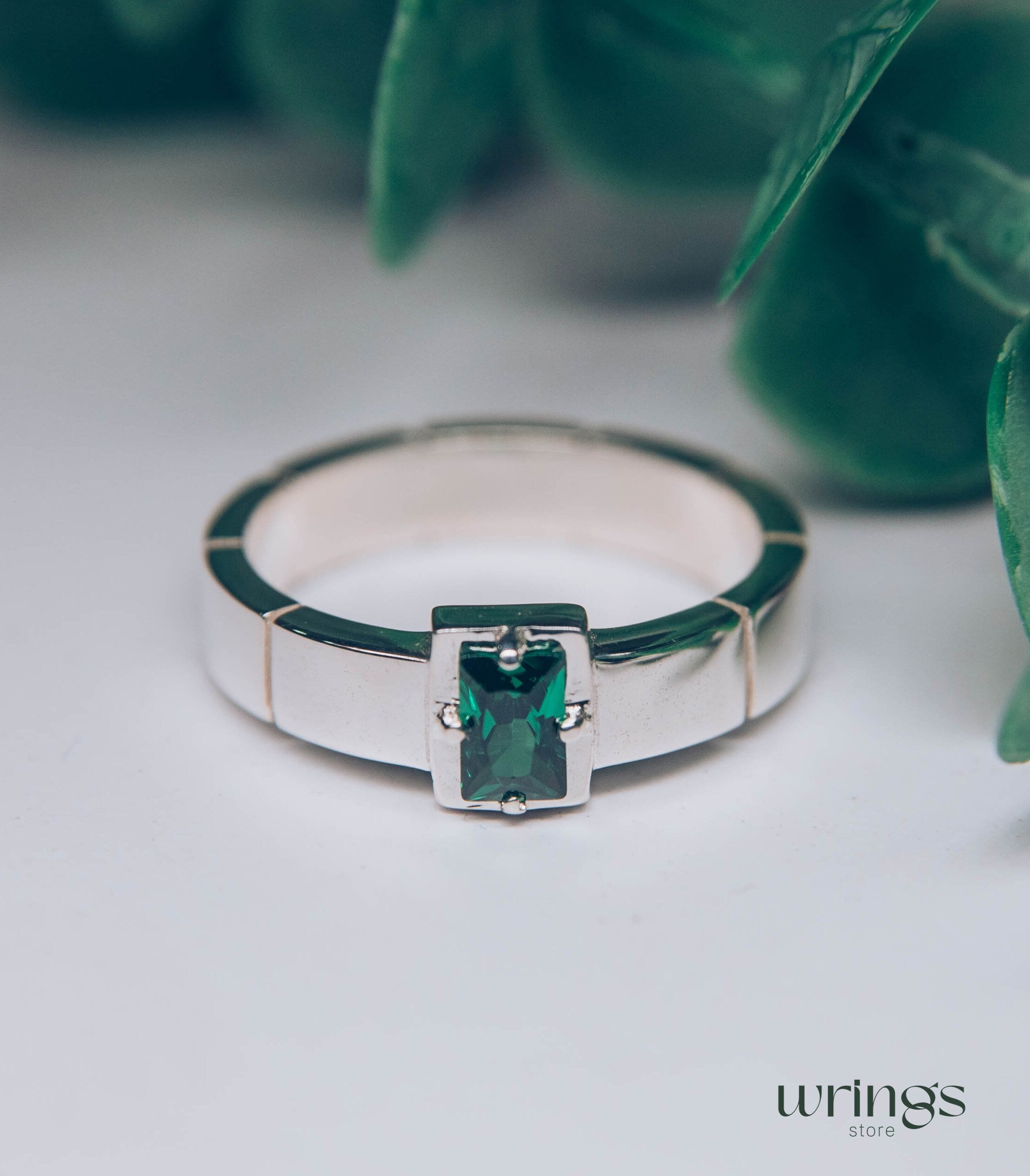 Solitaire Silver Wide Engagement Ring Octagon Gemstone