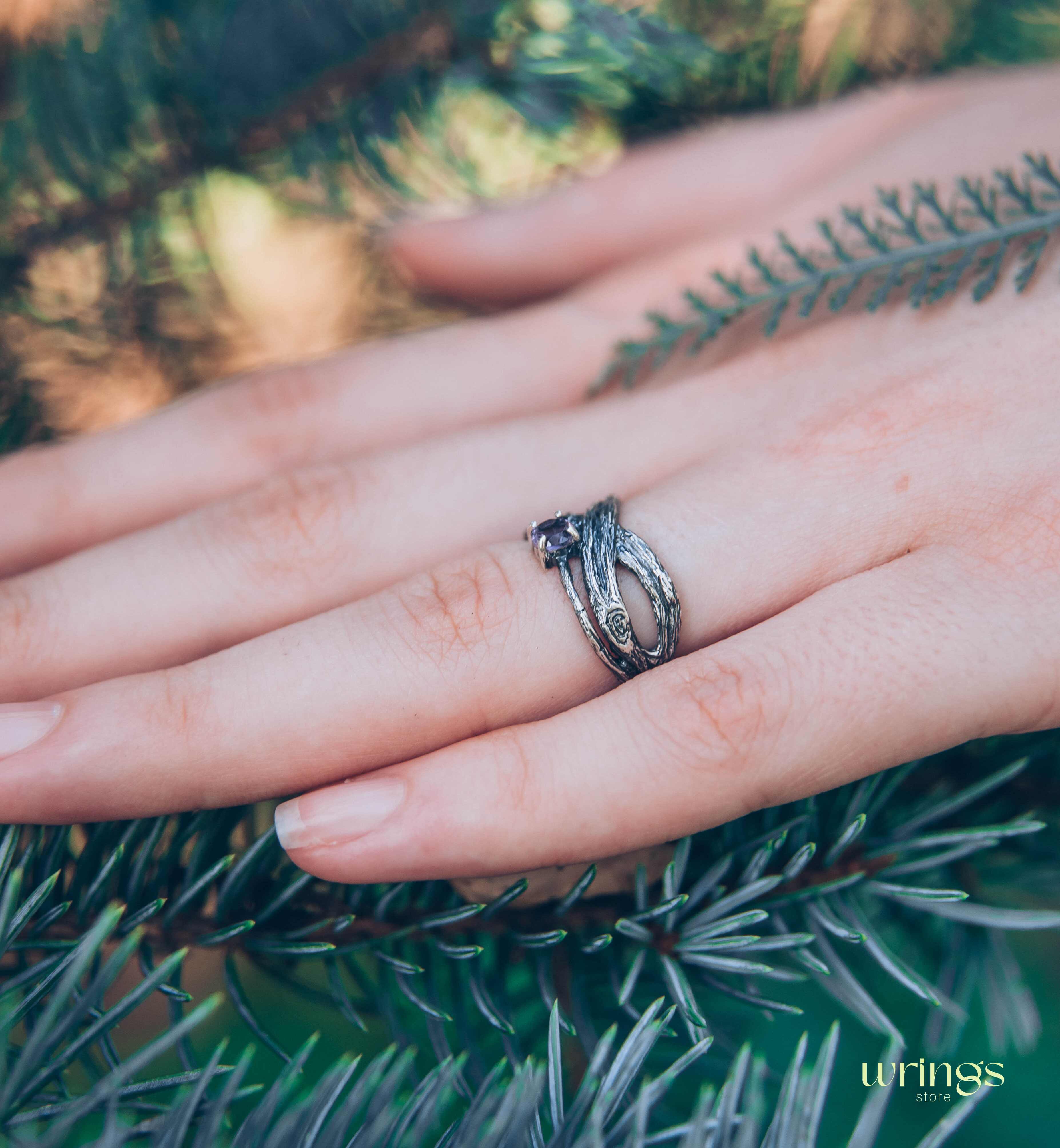 Sparkling Amethyst with Fine Silver Branch Infinity Ring