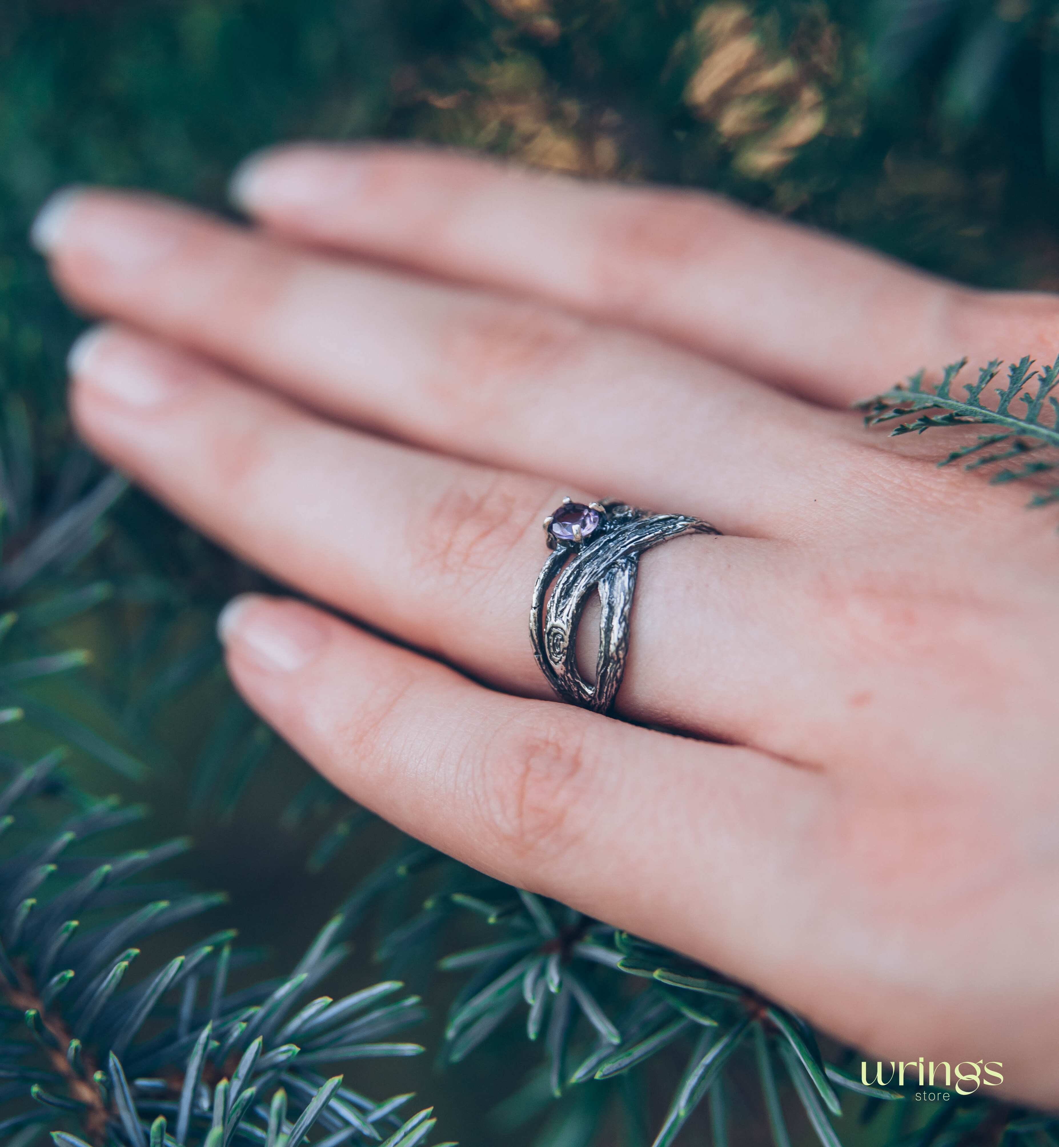 Sparkling Amethyst with Fine Silver Branch Infinity Ring