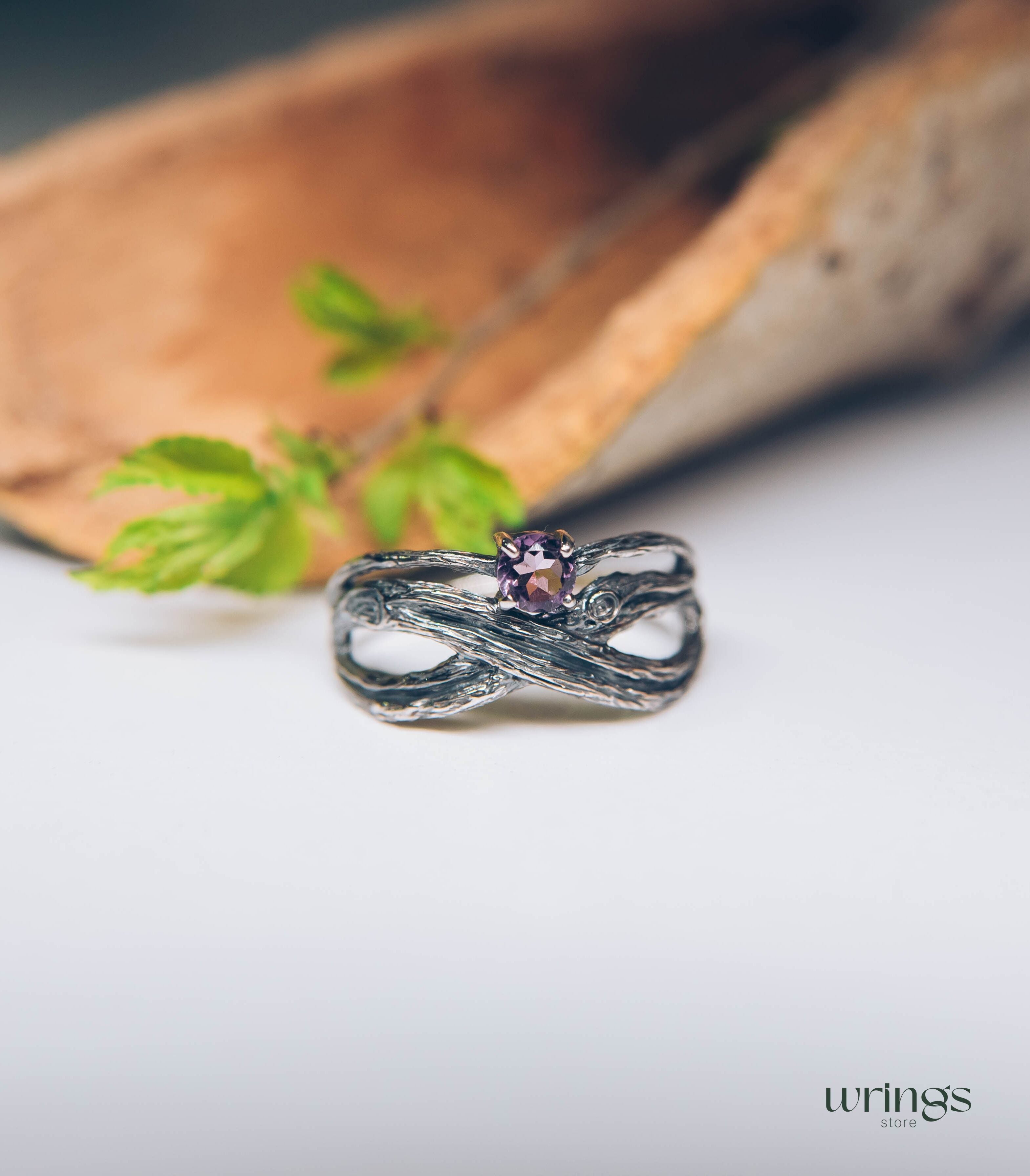 Sparkling Amethyst with Fine Silver Branch Infinity Ring