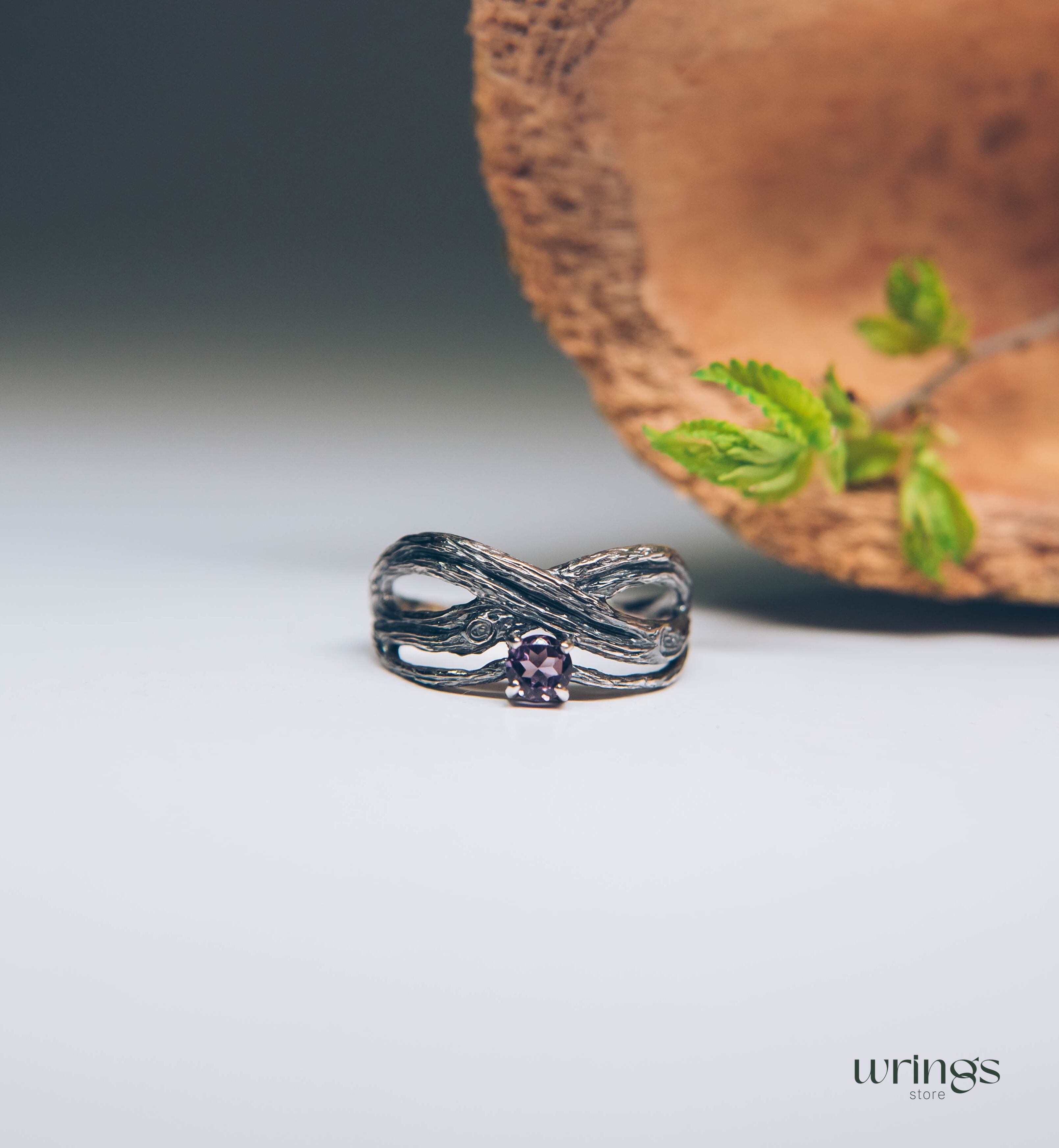 Sparkling Amethyst with Fine Silver Branch Infinity Ring