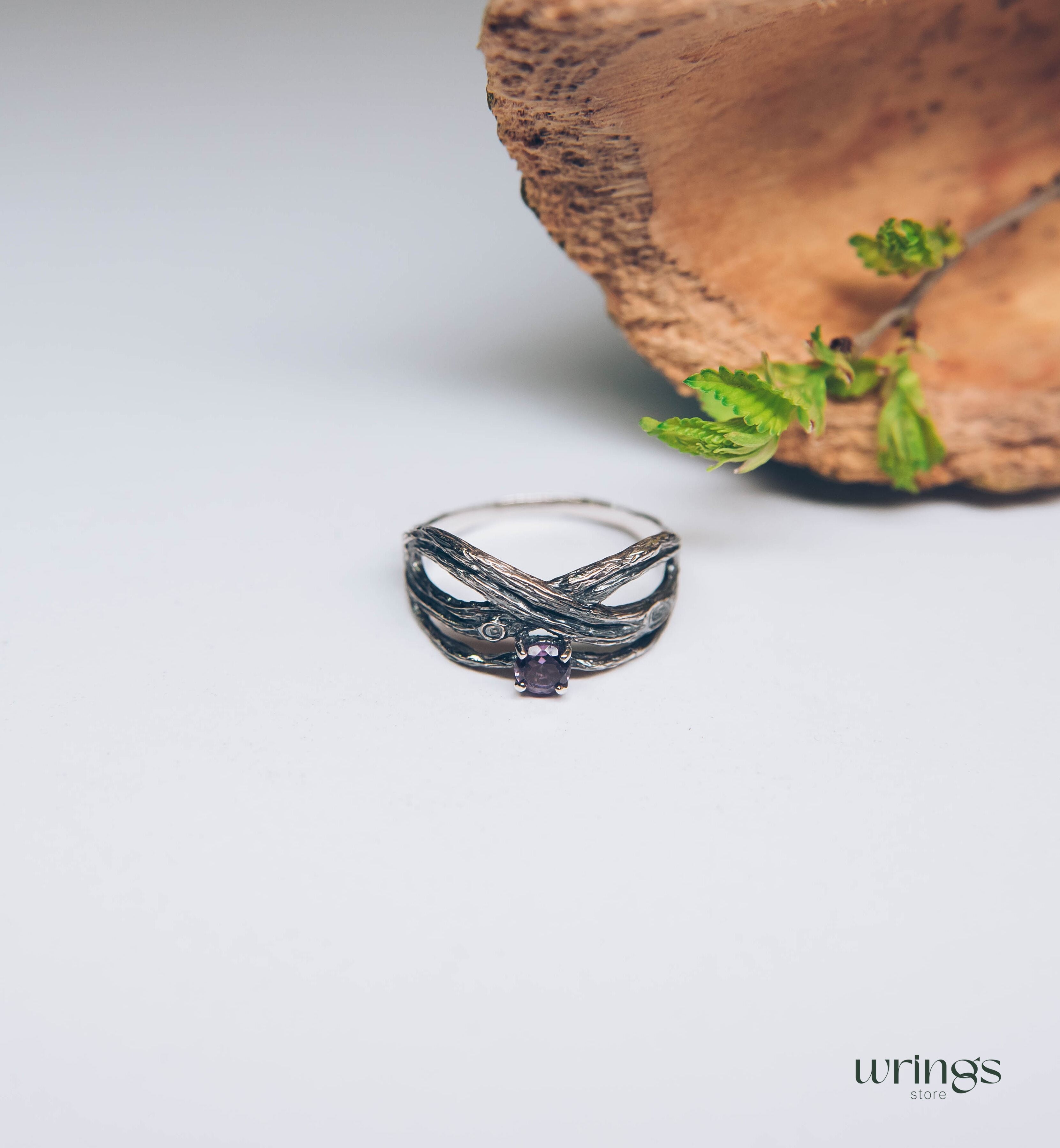 Sparkling Amethyst with Fine Silver Branch Infinity Ring