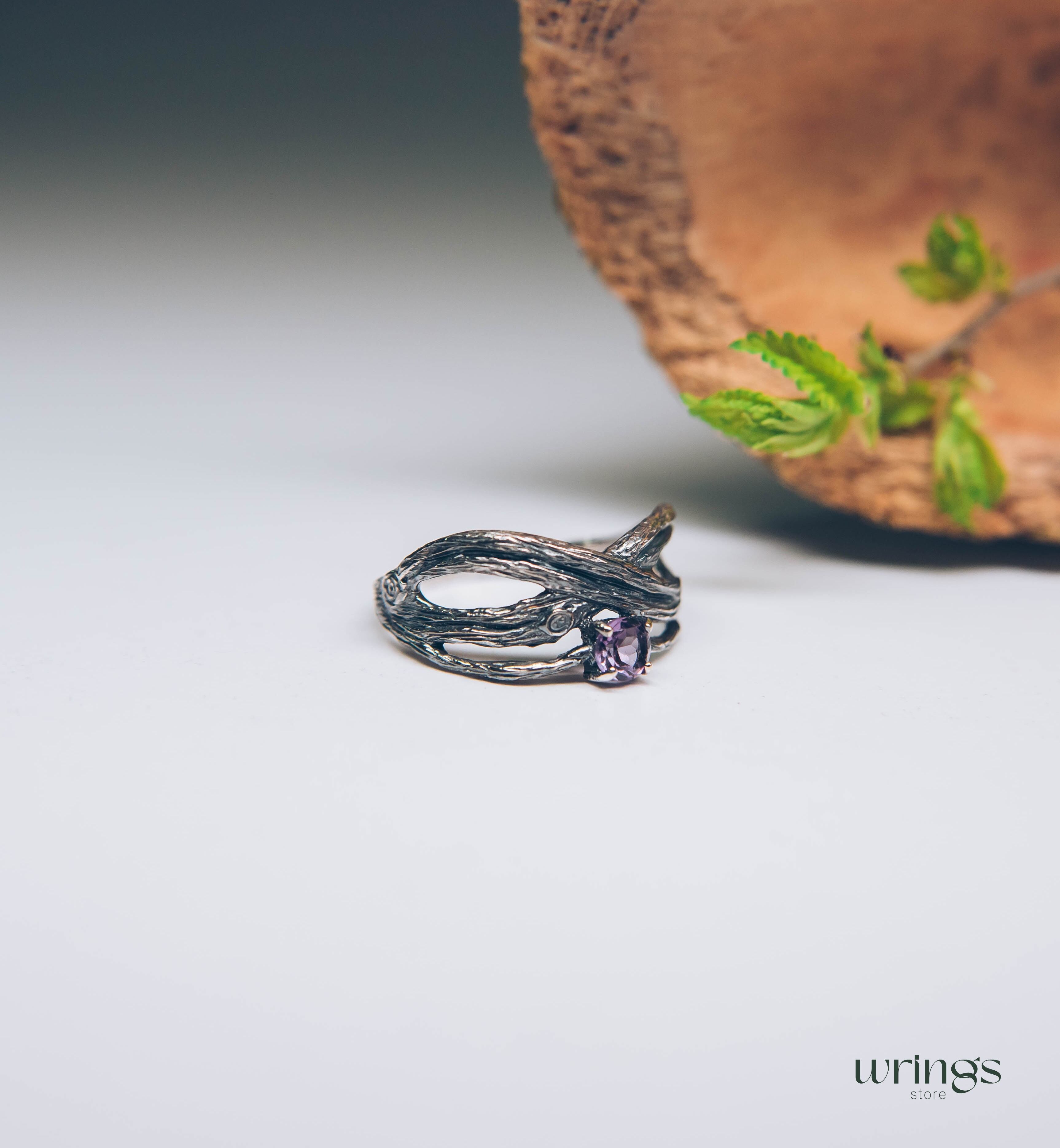Sparkling Amethyst with Fine Silver Branch Infinity Ring