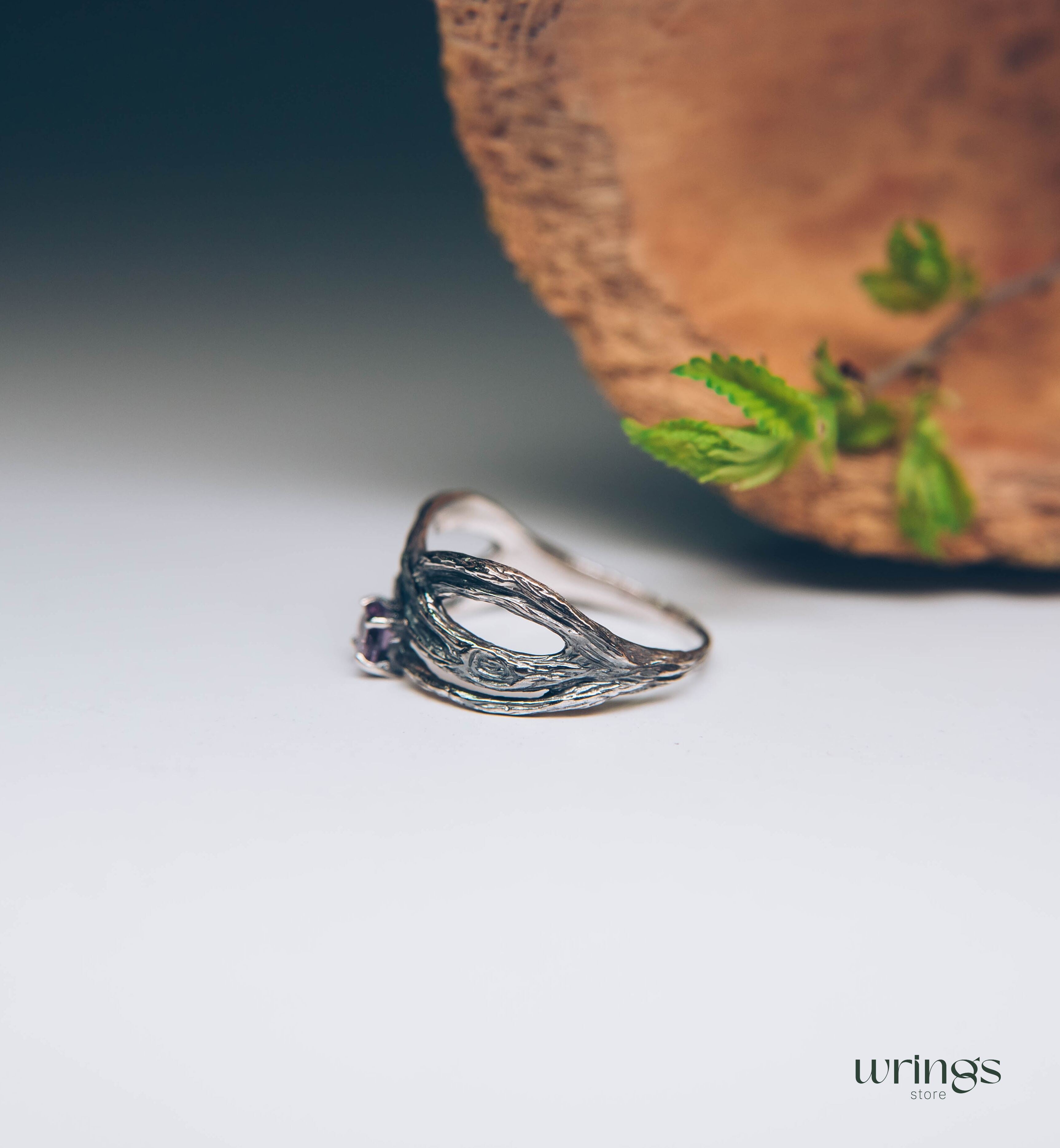 Sparkling Amethyst with Fine Silver Branch Infinity Ring