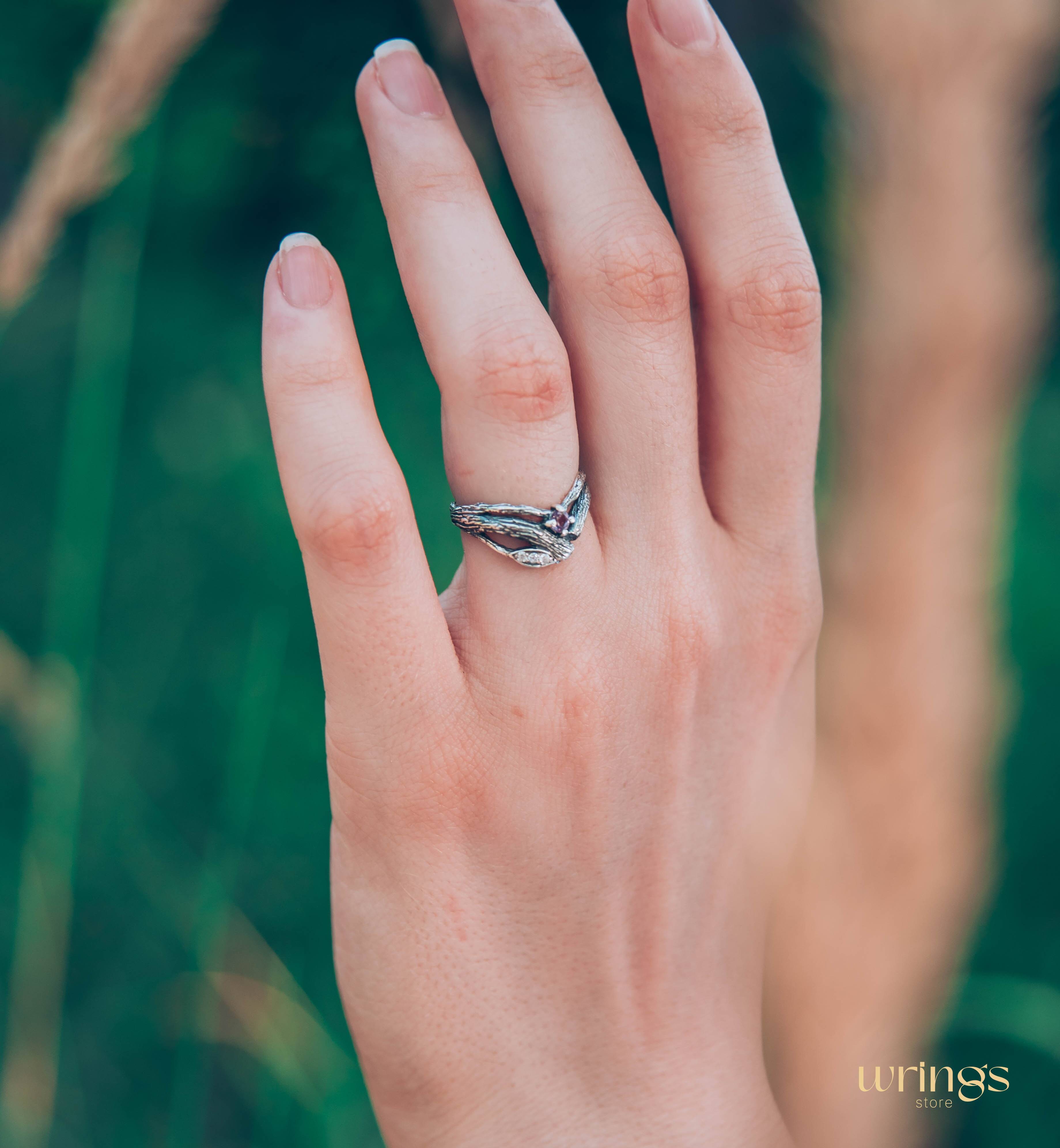 Split Twigs & Amethyst in Curved Engagement Ring
