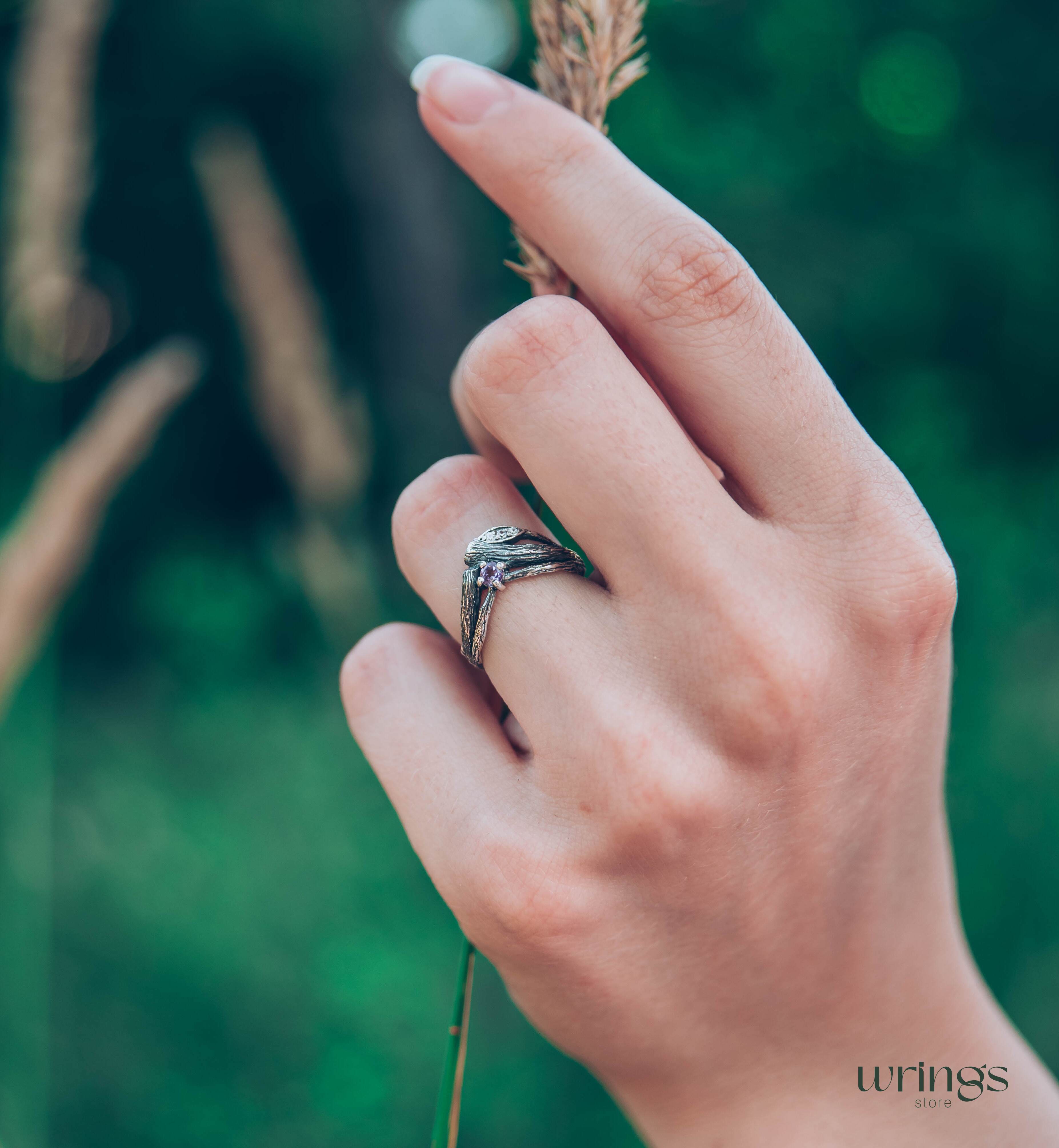 Split Twigs & Amethyst in Curved Engagement Ring