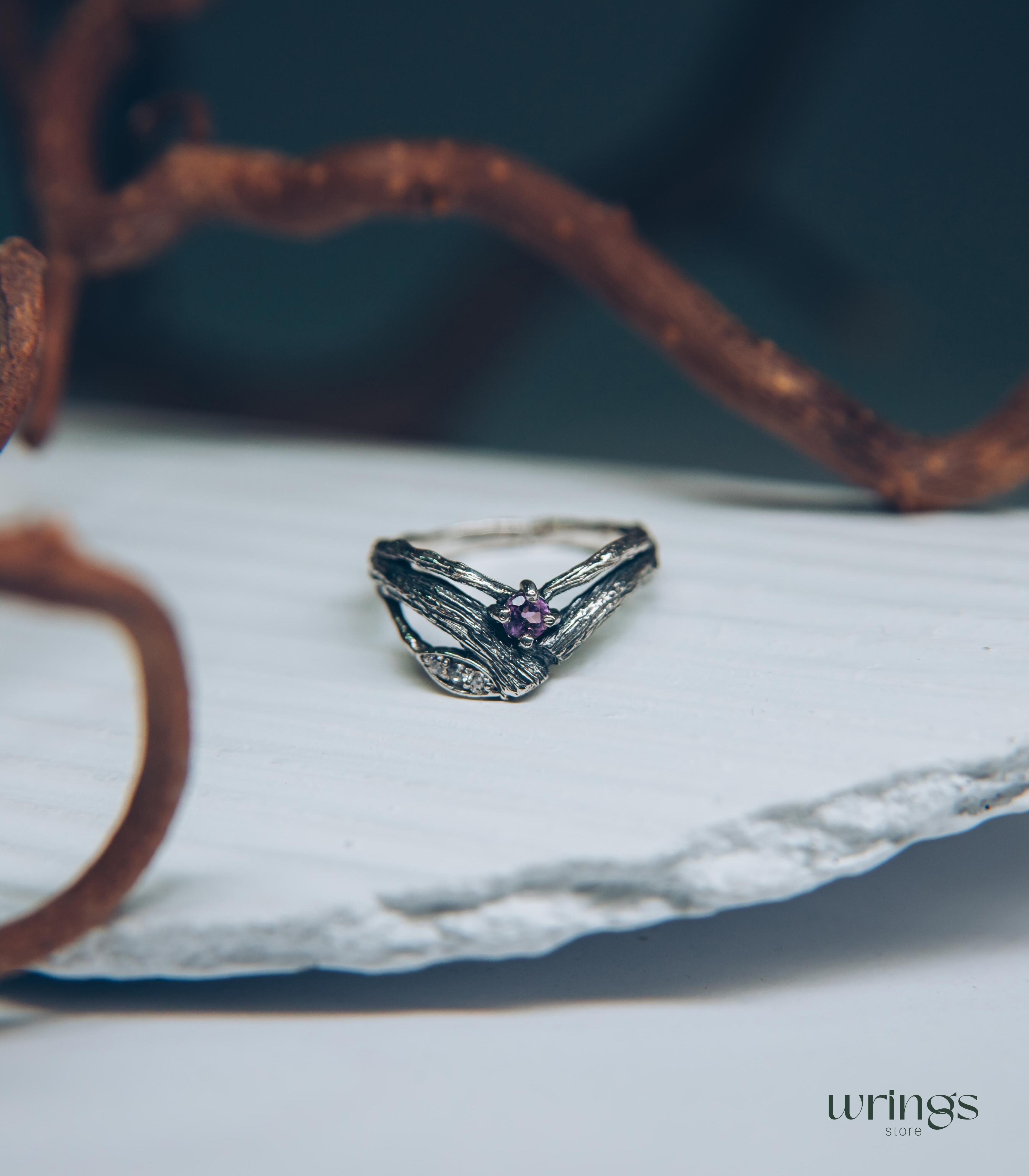 Split Twigs & Amethyst in Curved Engagement Ring