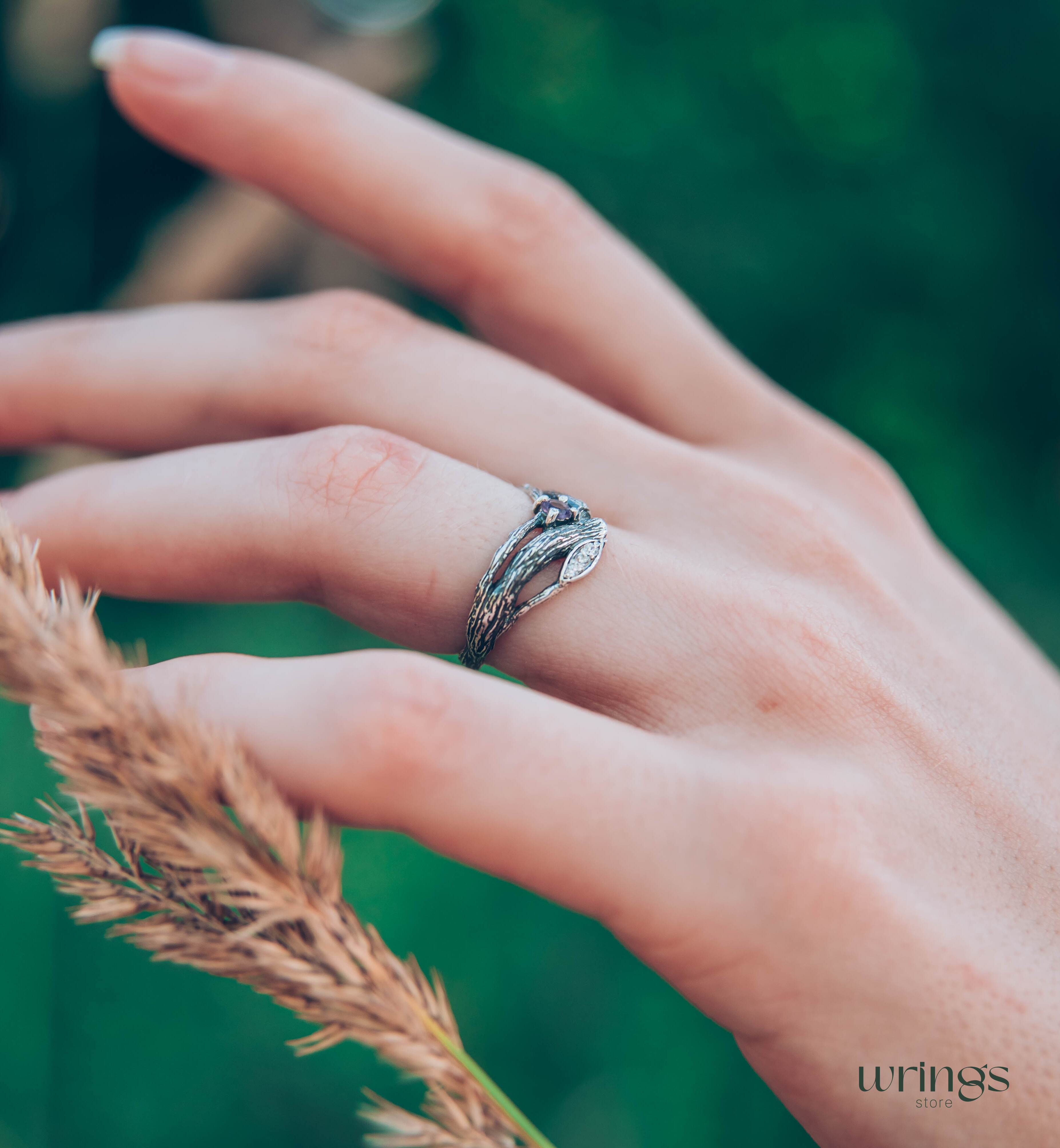 Split Twigs & Amethyst in Curved Engagement Ring