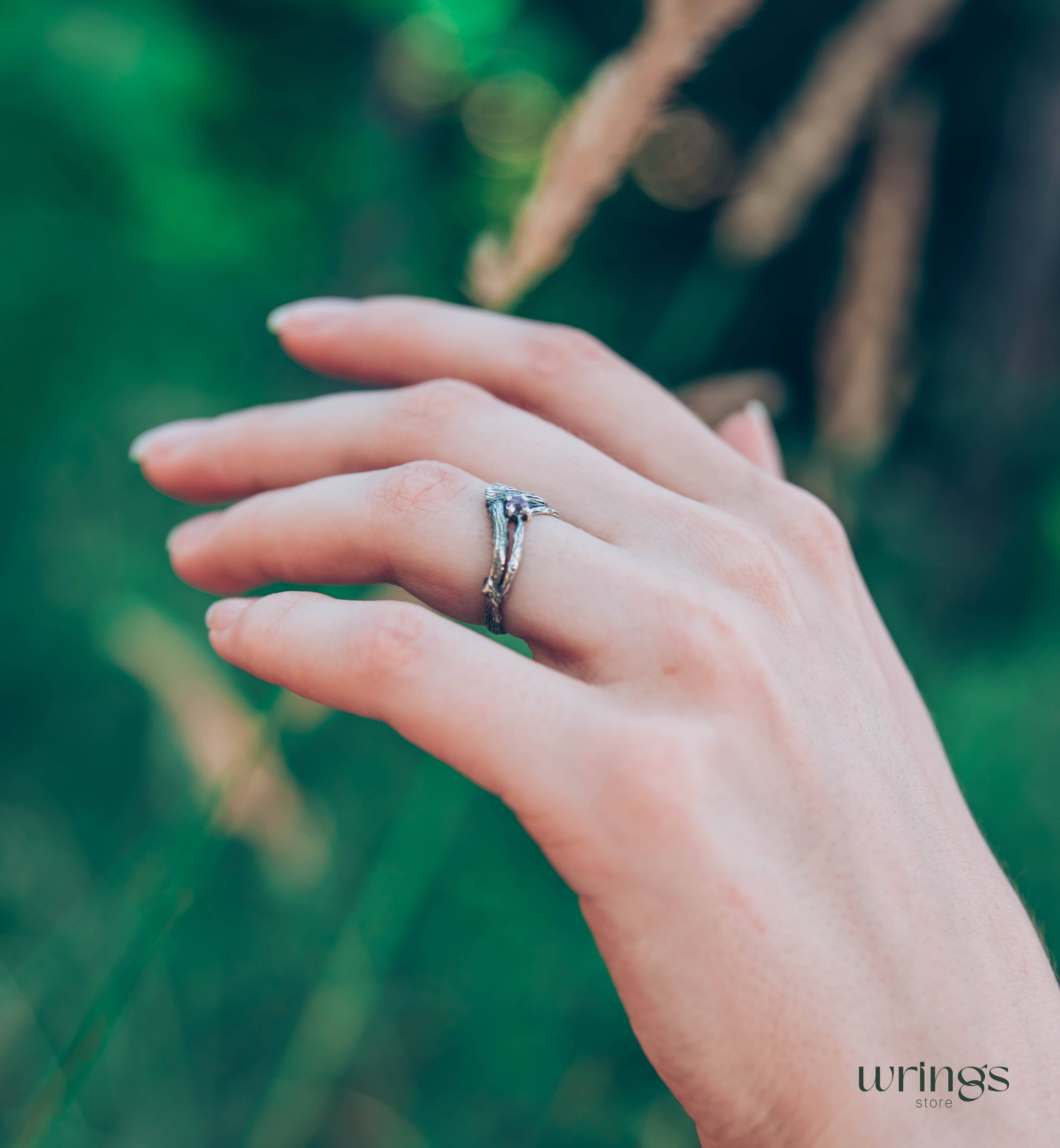 Split Twigs & Amethyst in Curved Engagement Ring