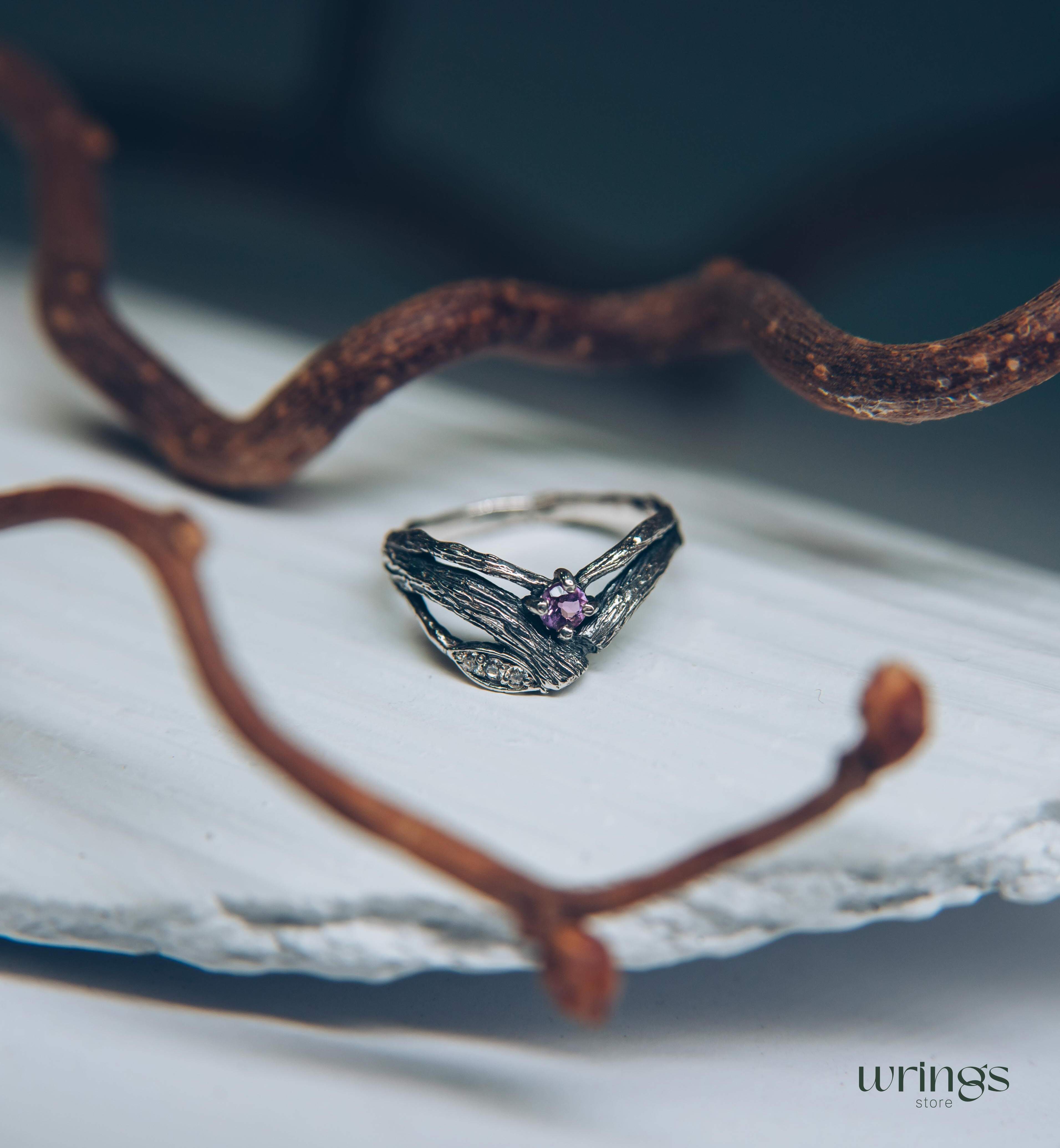 Split Twigs & Amethyst in Curved Engagement Ring