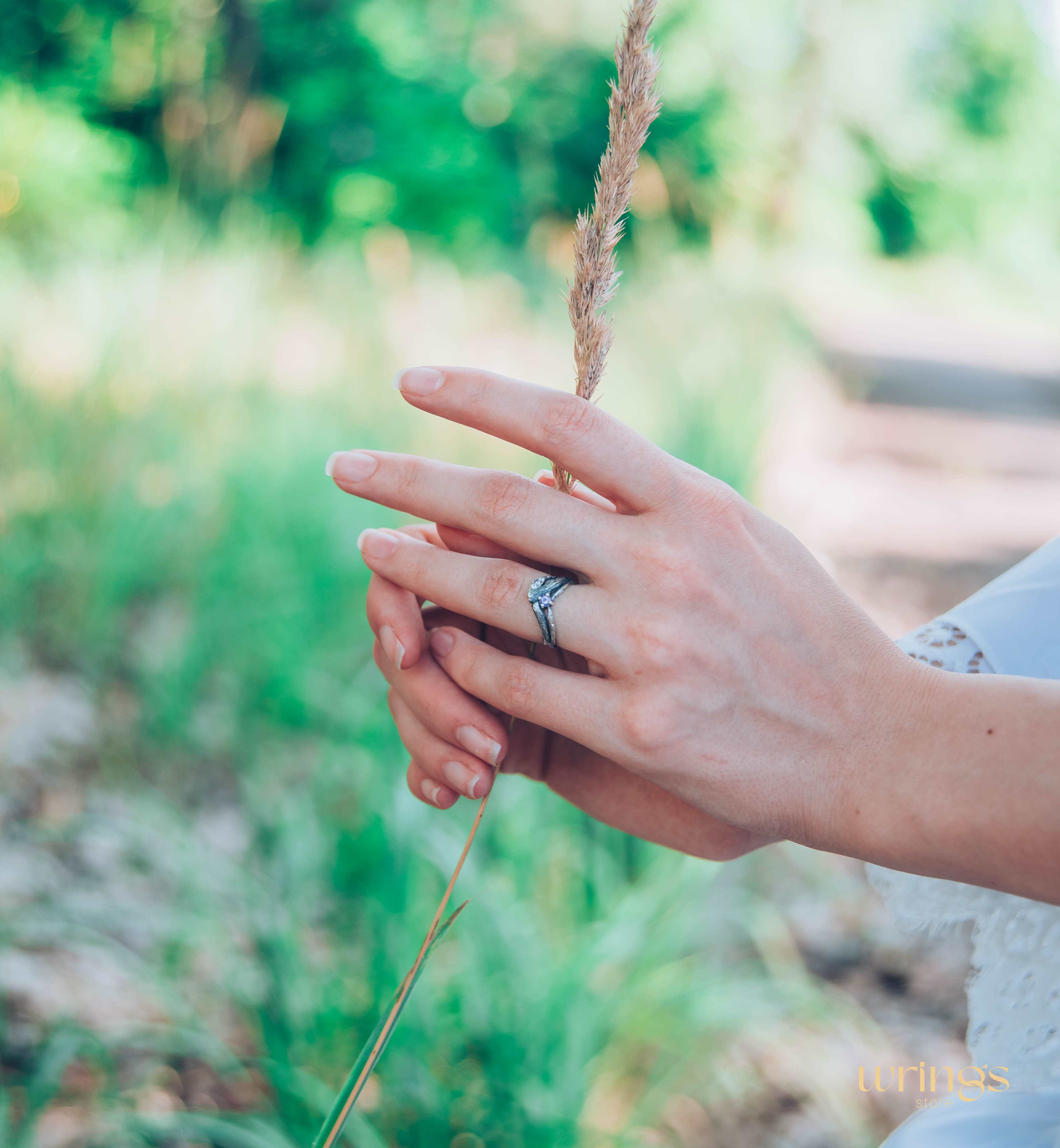 Split Twigs & Amethyst in Curved Engagement Ring
