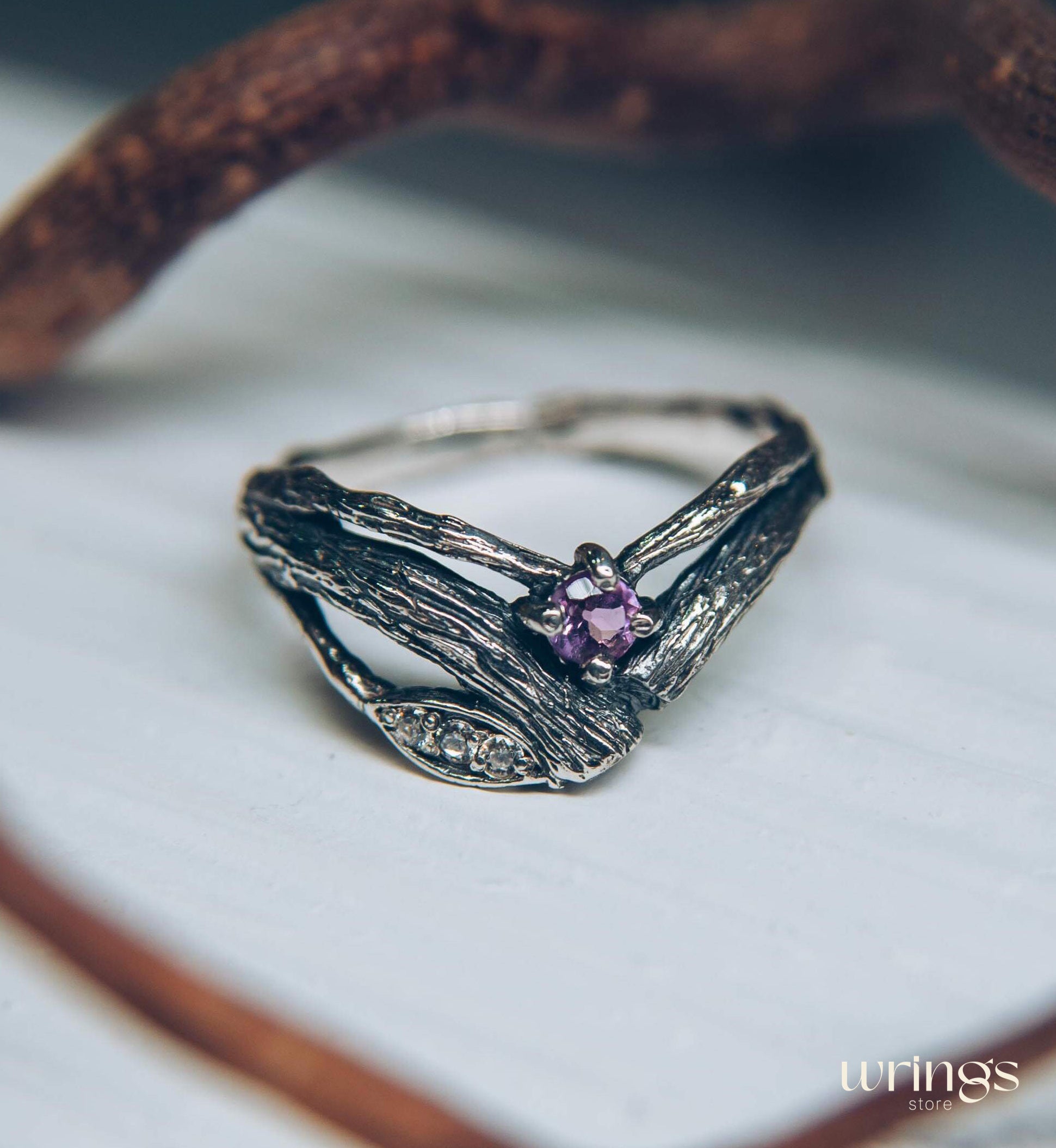 Split Twigs & Amethyst in Curved Engagement Ring