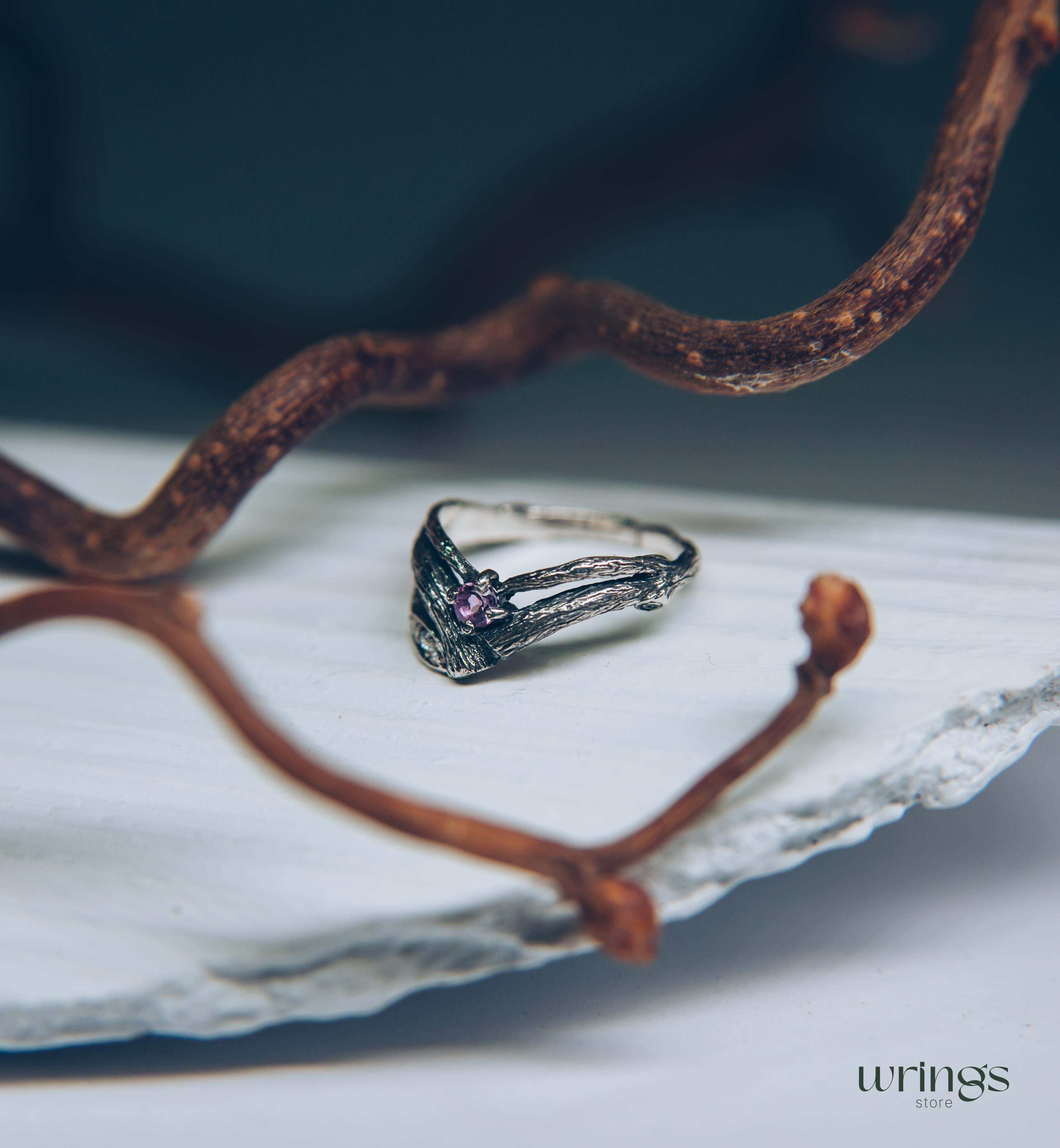 Split Twigs & Amethyst in Curved Engagement Ring