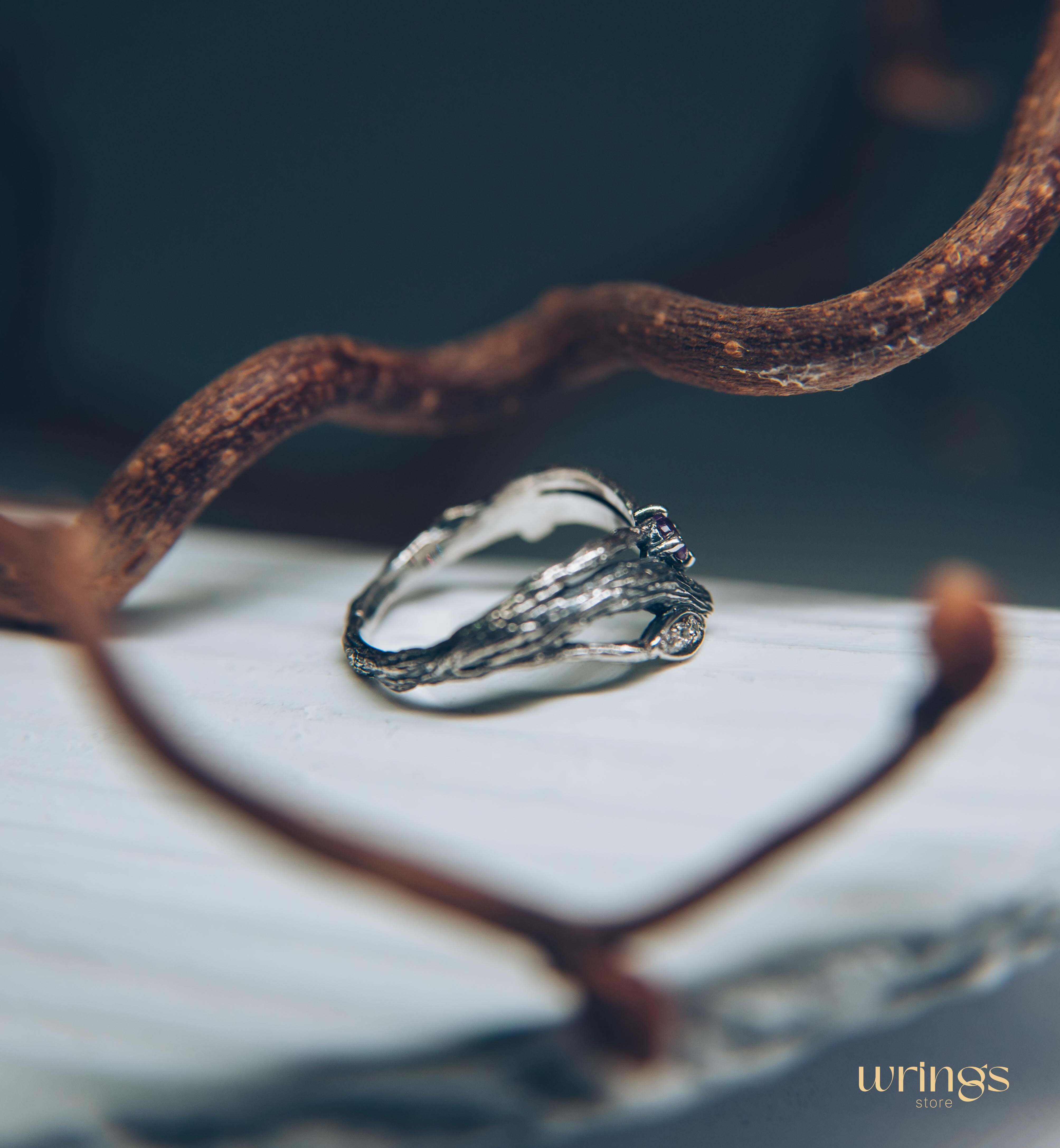 Split Twigs & Amethyst in Curved Engagement Ring