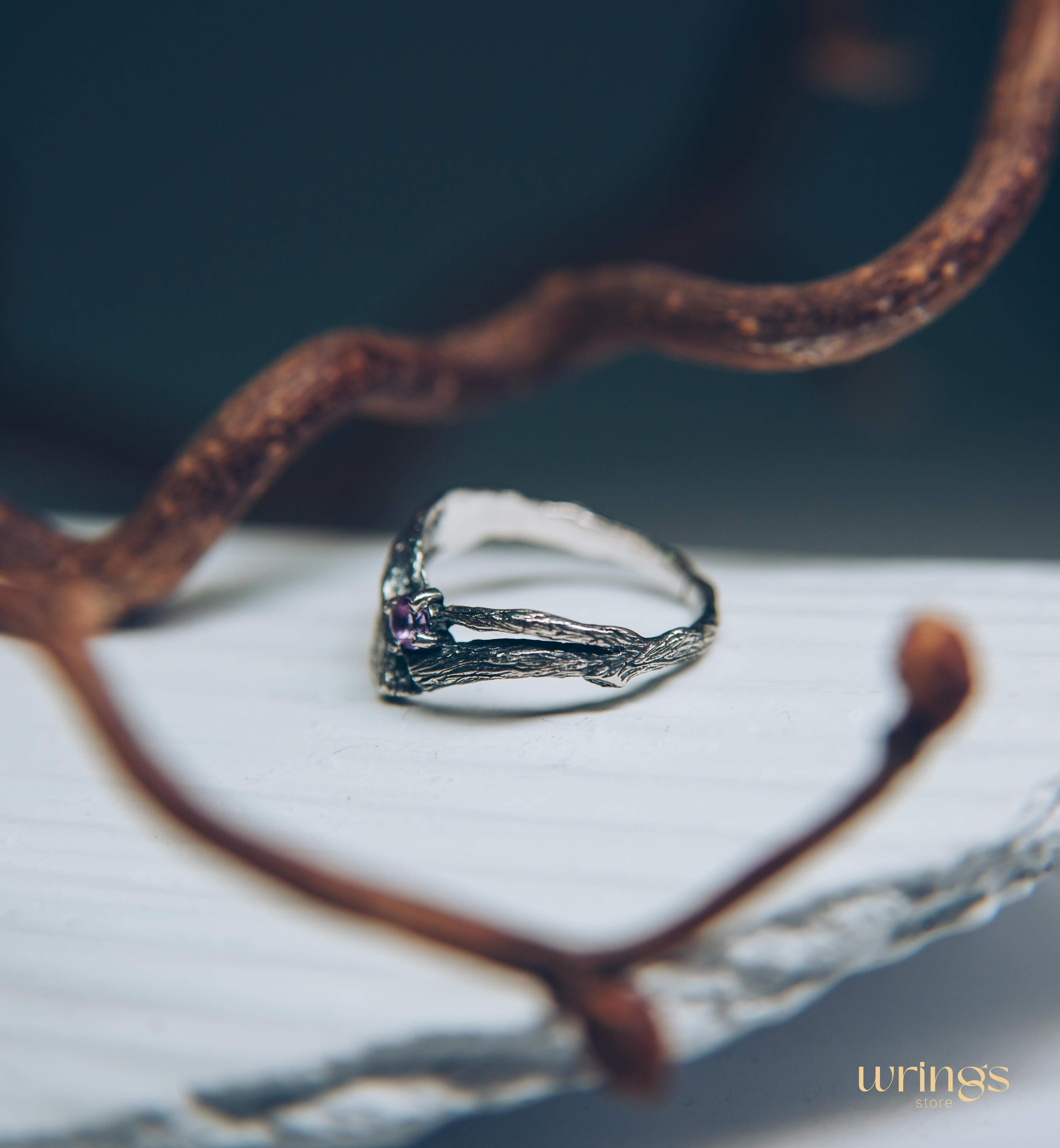 Split Twigs & Amethyst in Curved Engagement Ring