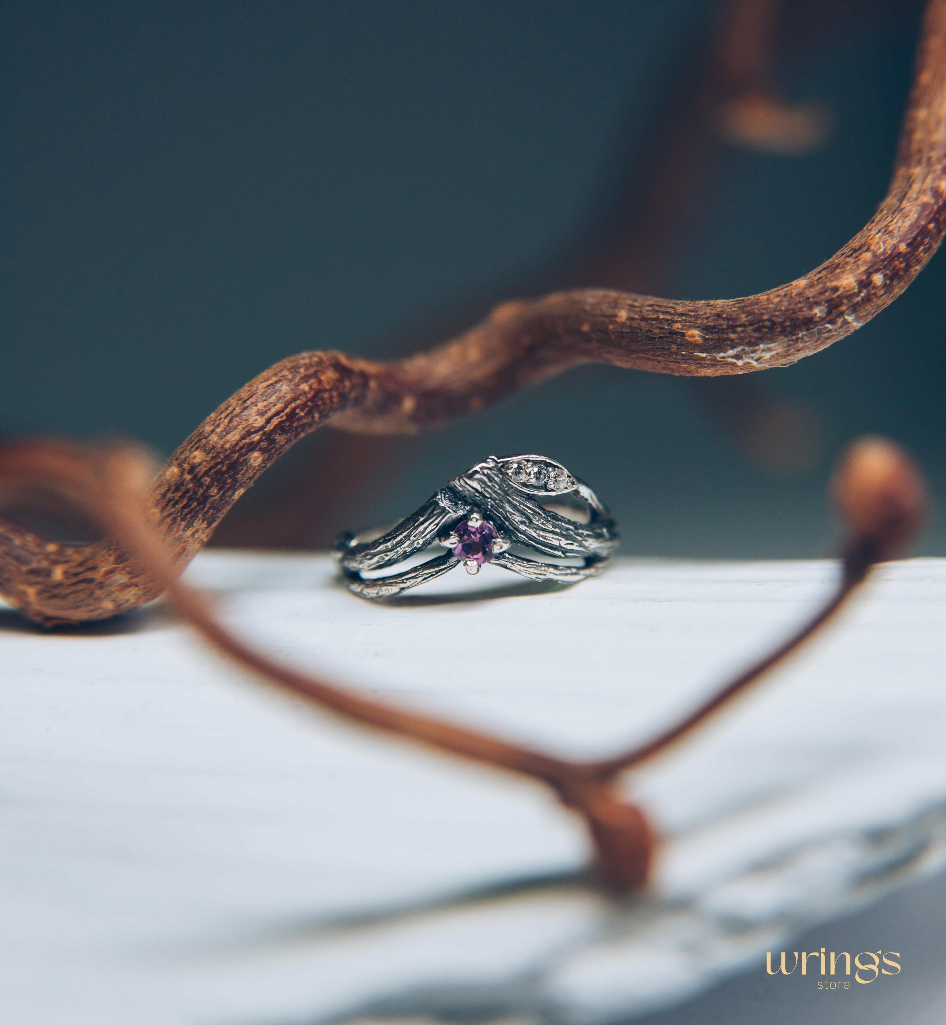 Split Twigs & Amethyst in Curved Engagement Ring