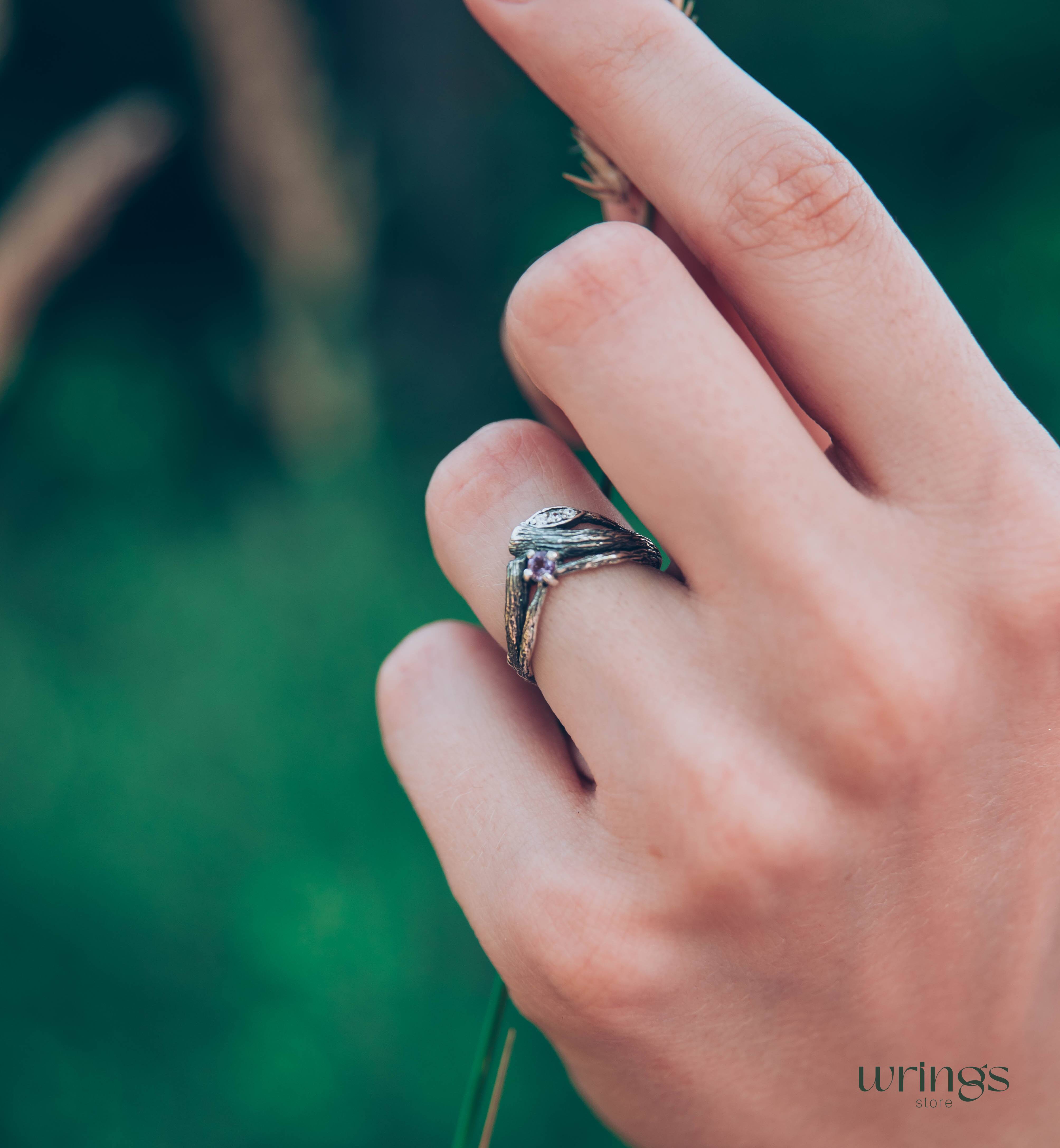 Split Twigs & Amethyst in Curved Engagement Ring