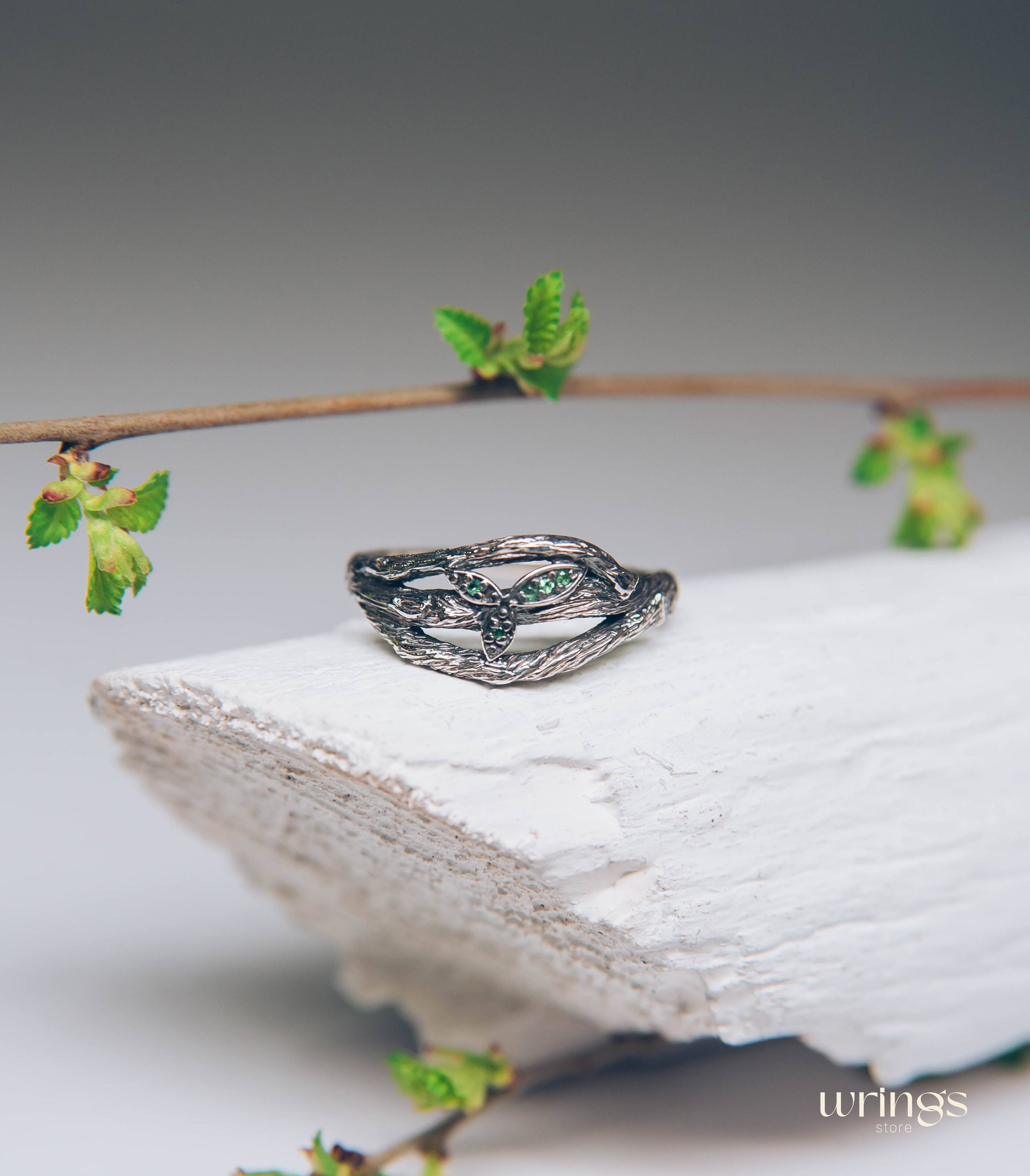 Subtle Silver Twisted Branch Unique Emerald Ring with Leaves
