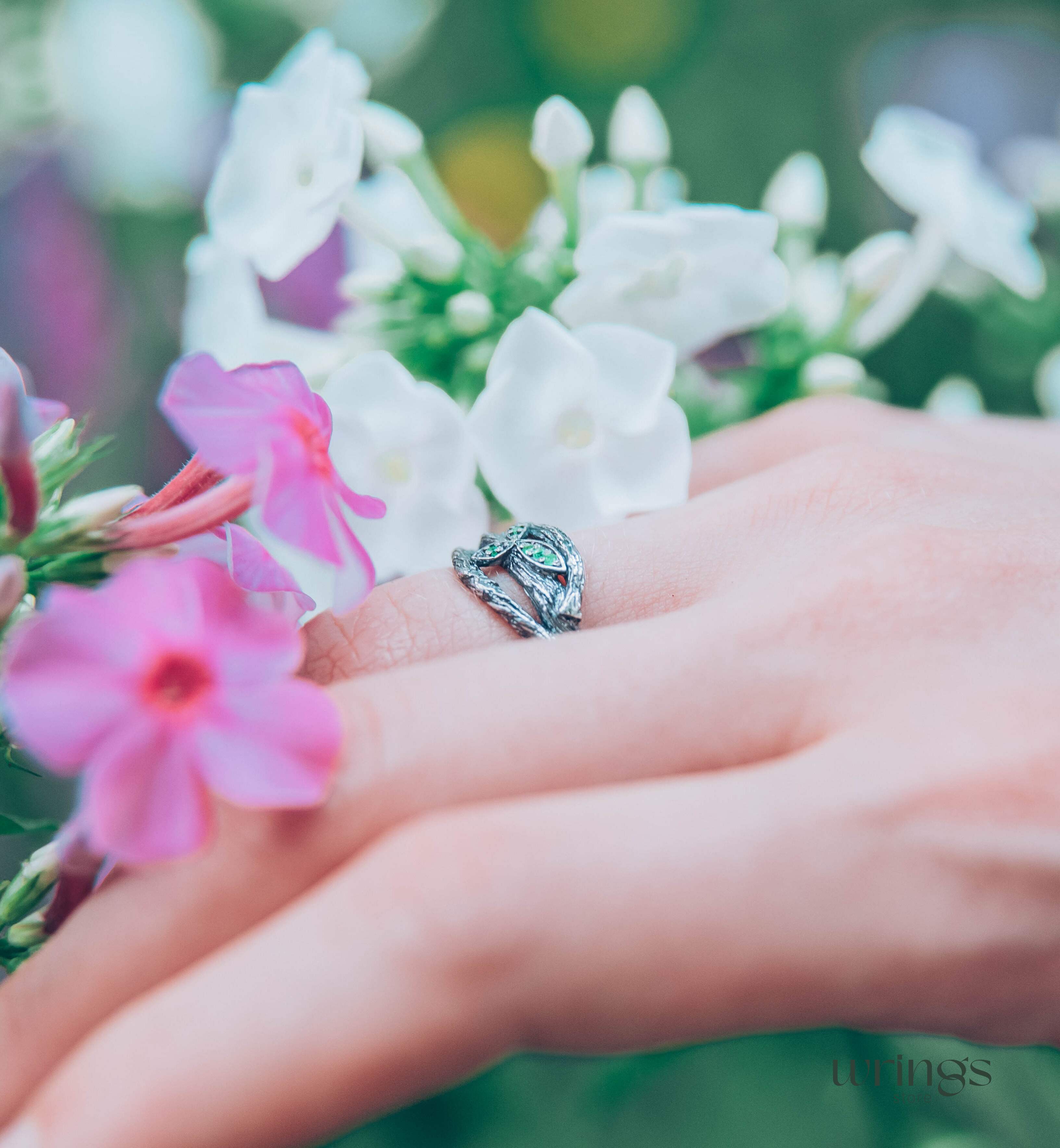 Subtle Silver Twisted Branch Unique Emerald Ring with Leaves