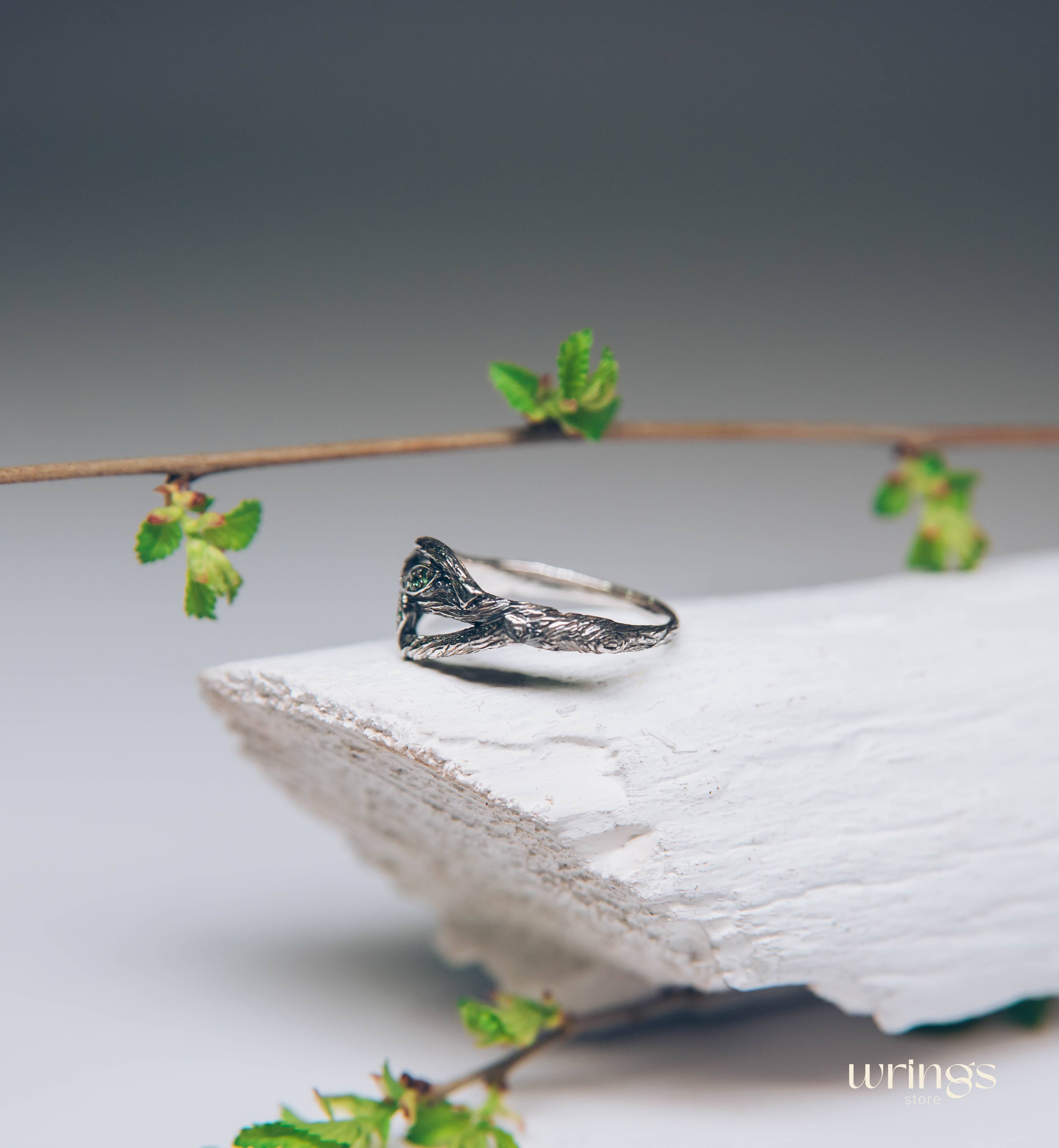 Subtle Silver Twisted Branch Unique Emerald Ring with Leaves