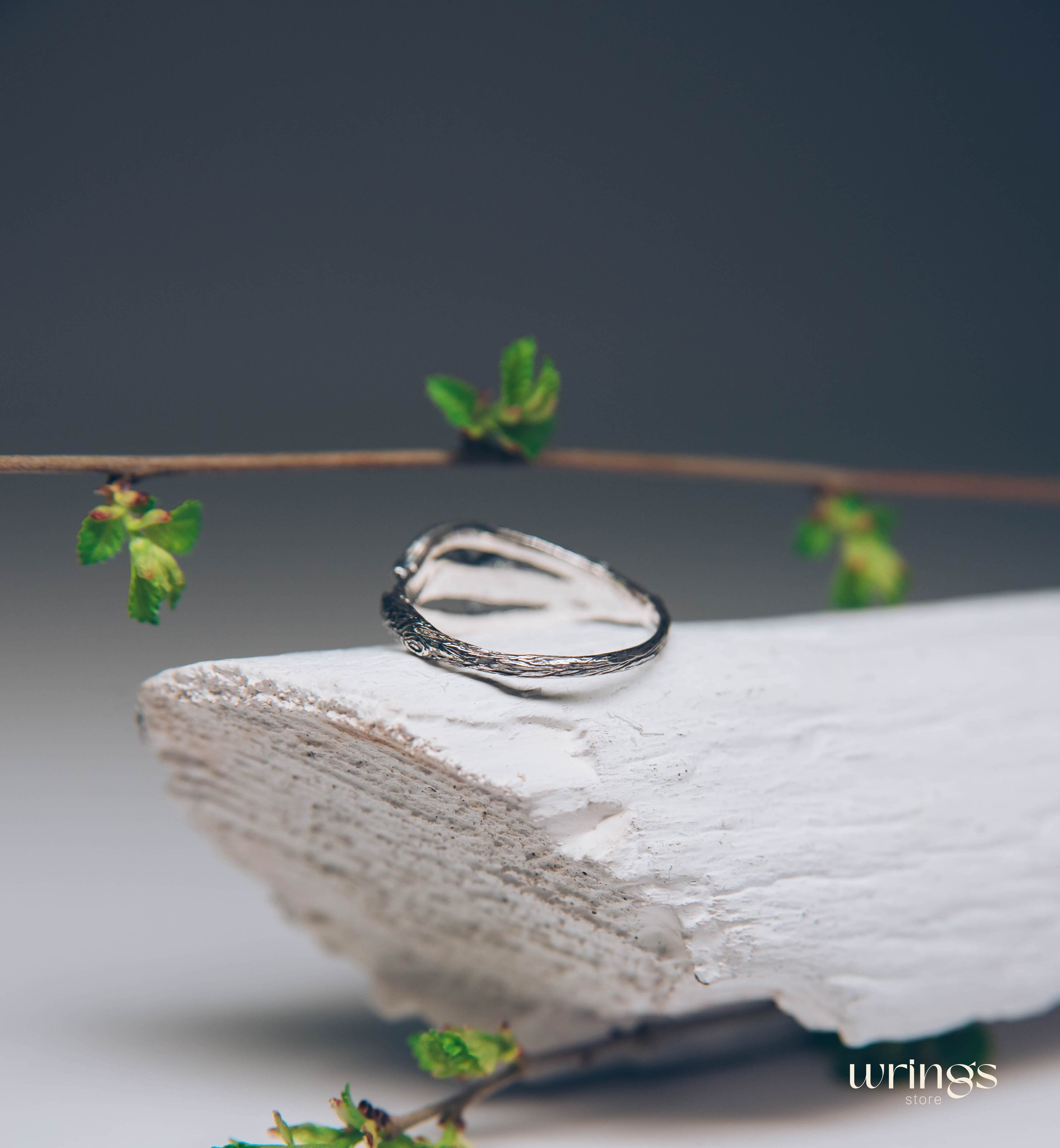 Subtle Silver Twisted Branch Unique Emerald Ring with Leaves