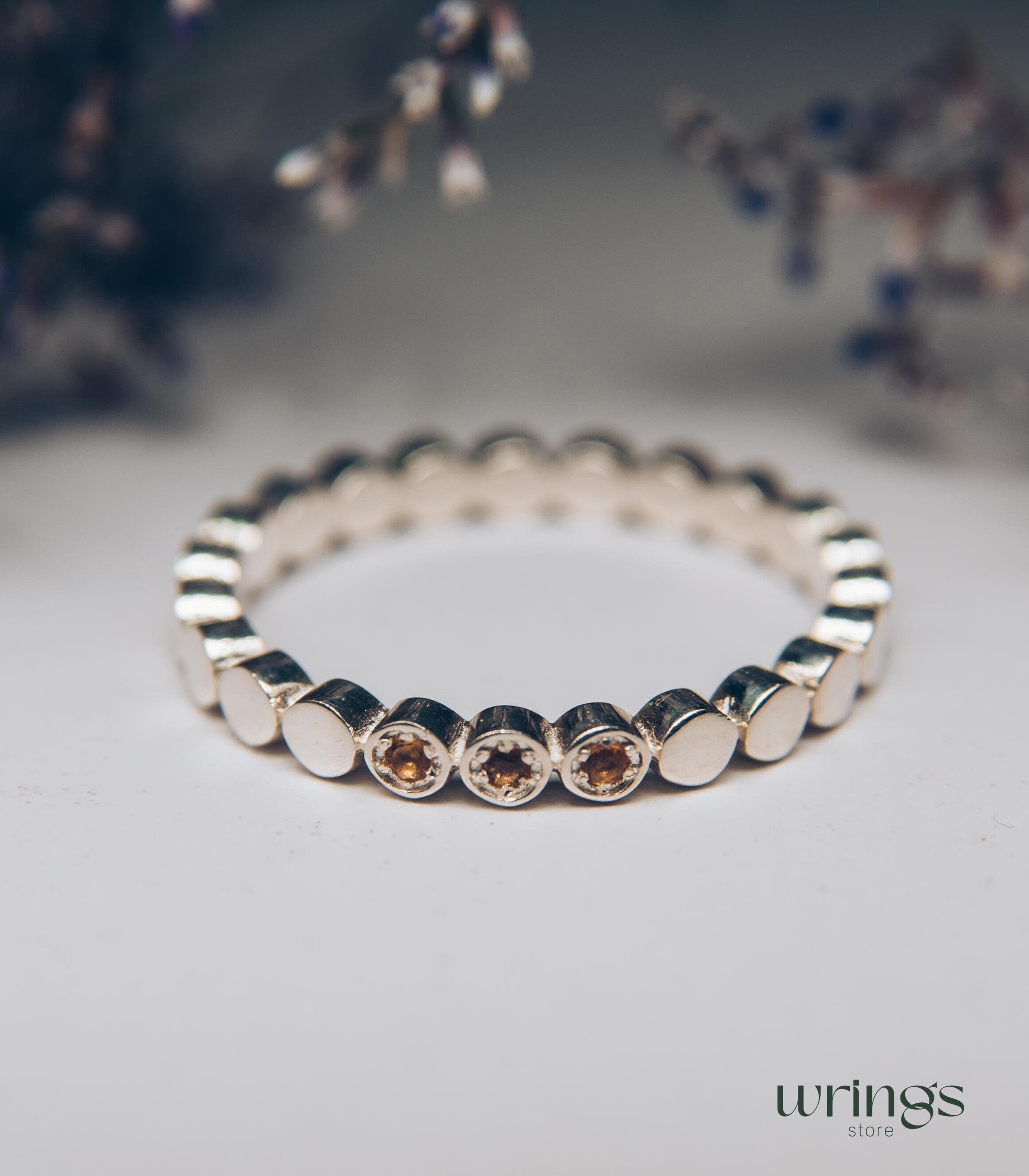 Three Citrines Eternity Style Silver Beaded Band