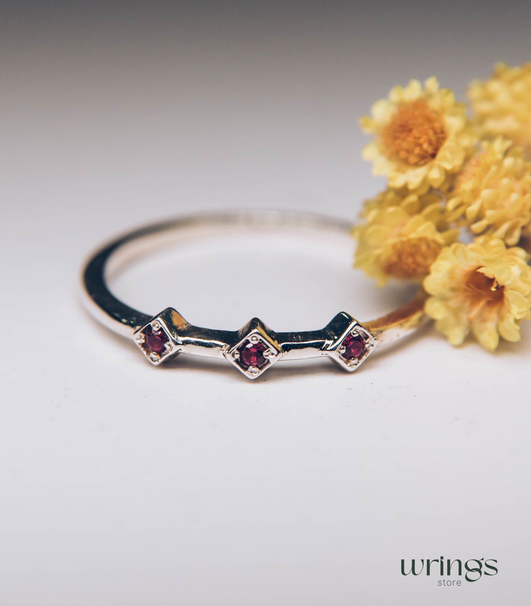 3 Rubies Minimalist Thin Silver Ring July Birth Stone