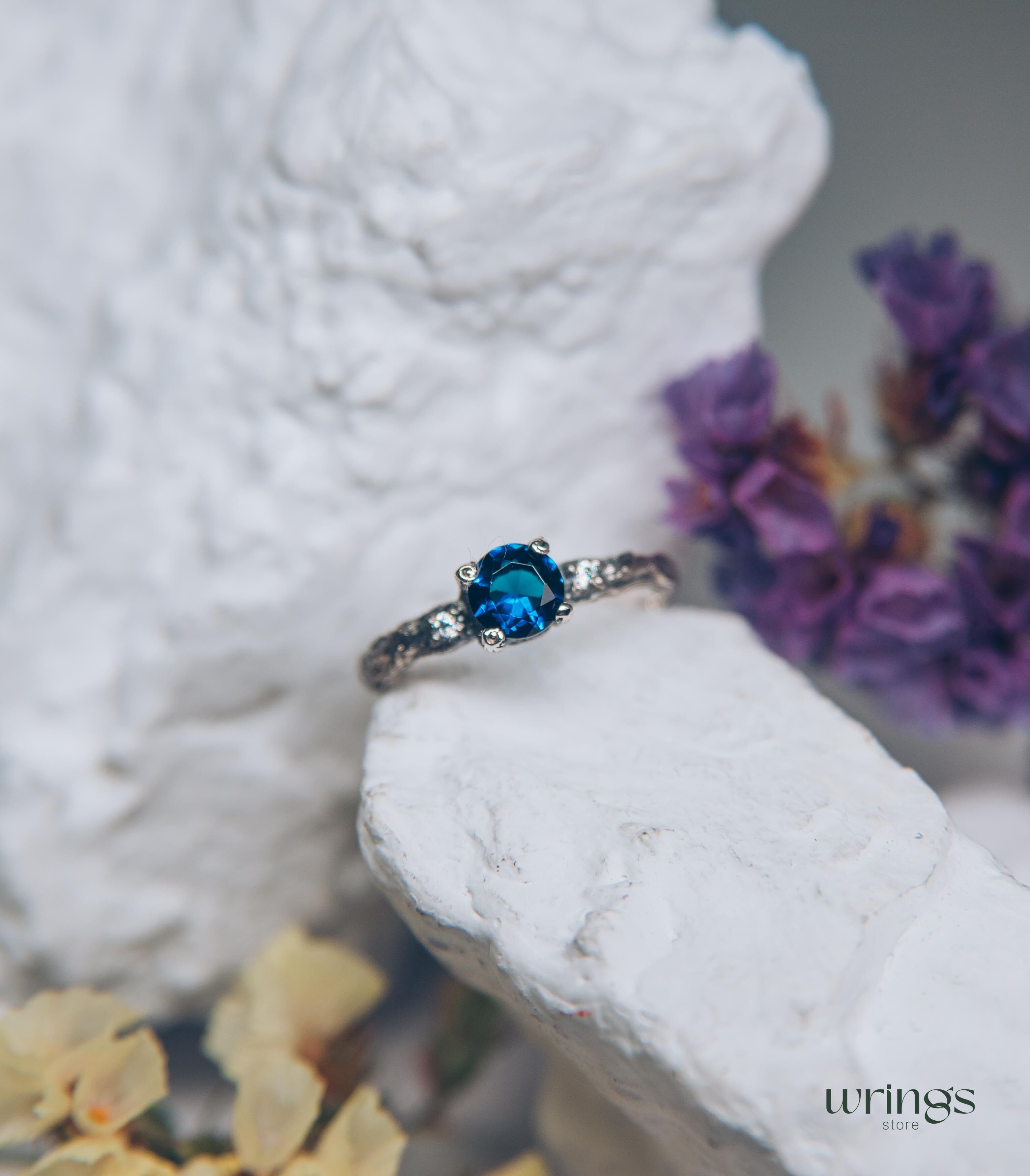 Tiny and Cute Twig Sapphire Engagement Ring with Side Stones