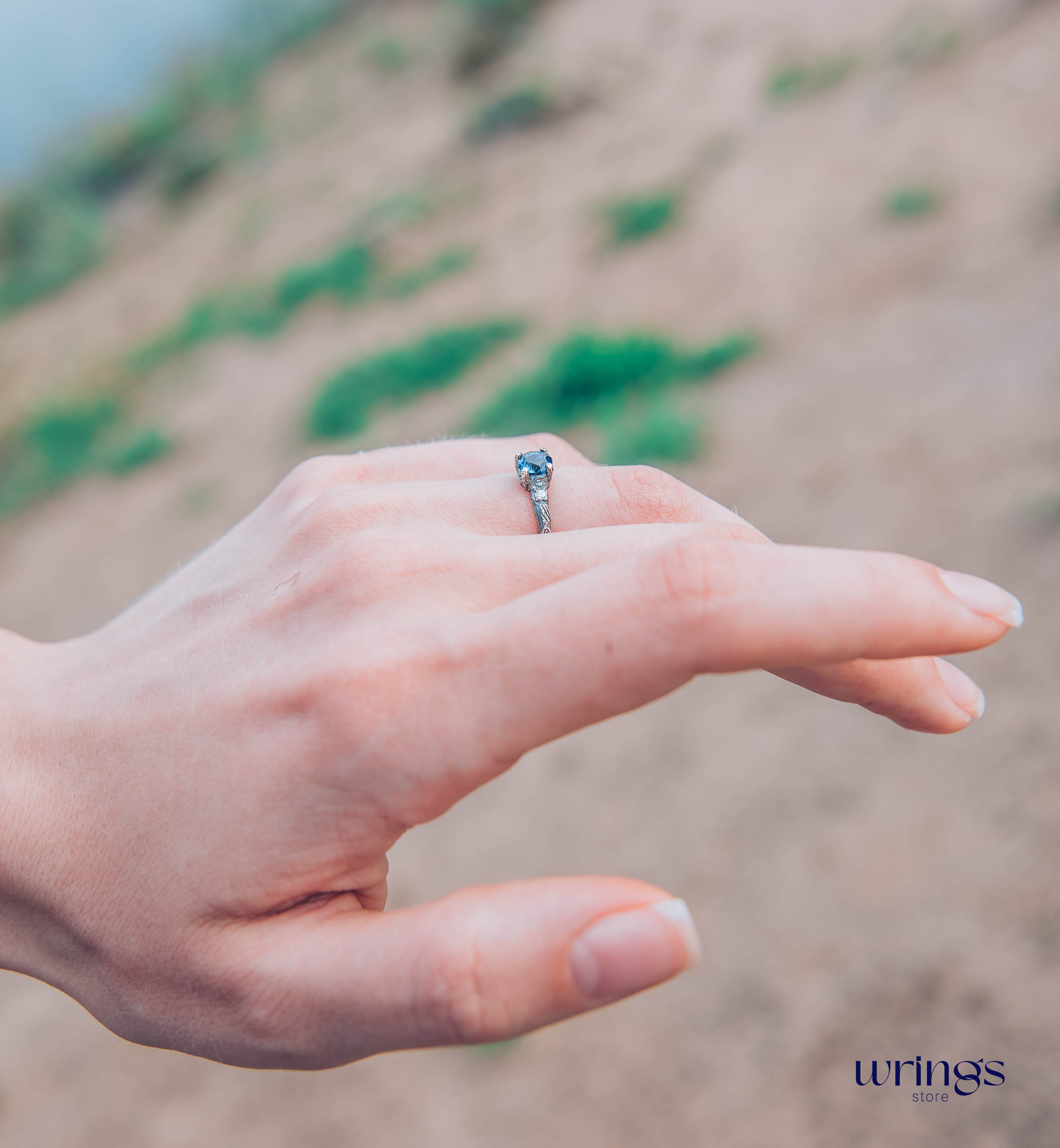 Tiny and Cute Twig Sapphire Engagement Ring with Side Stones