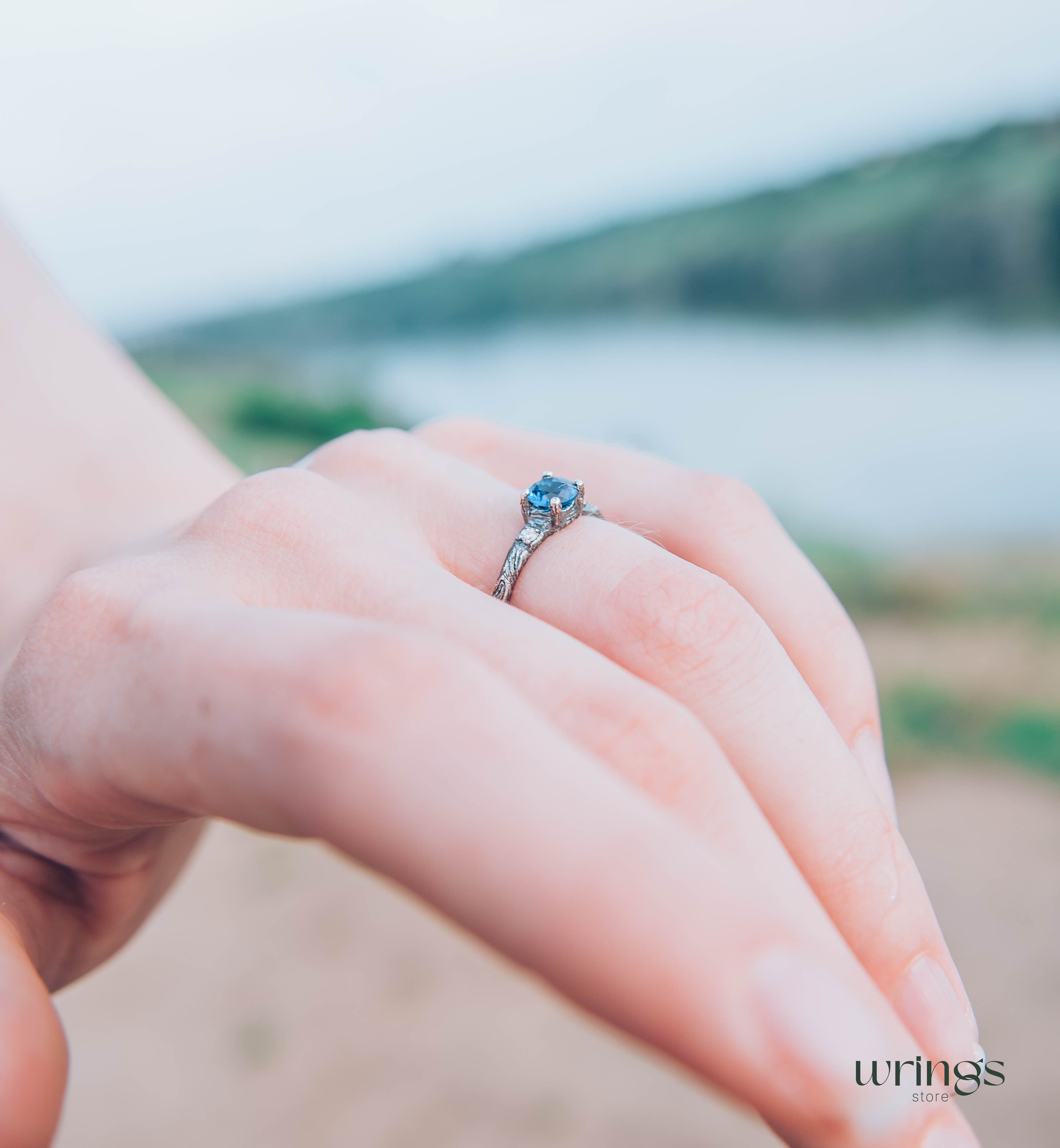 Tiny and Cute Twig Sapphire Engagement Ring with Side Stones