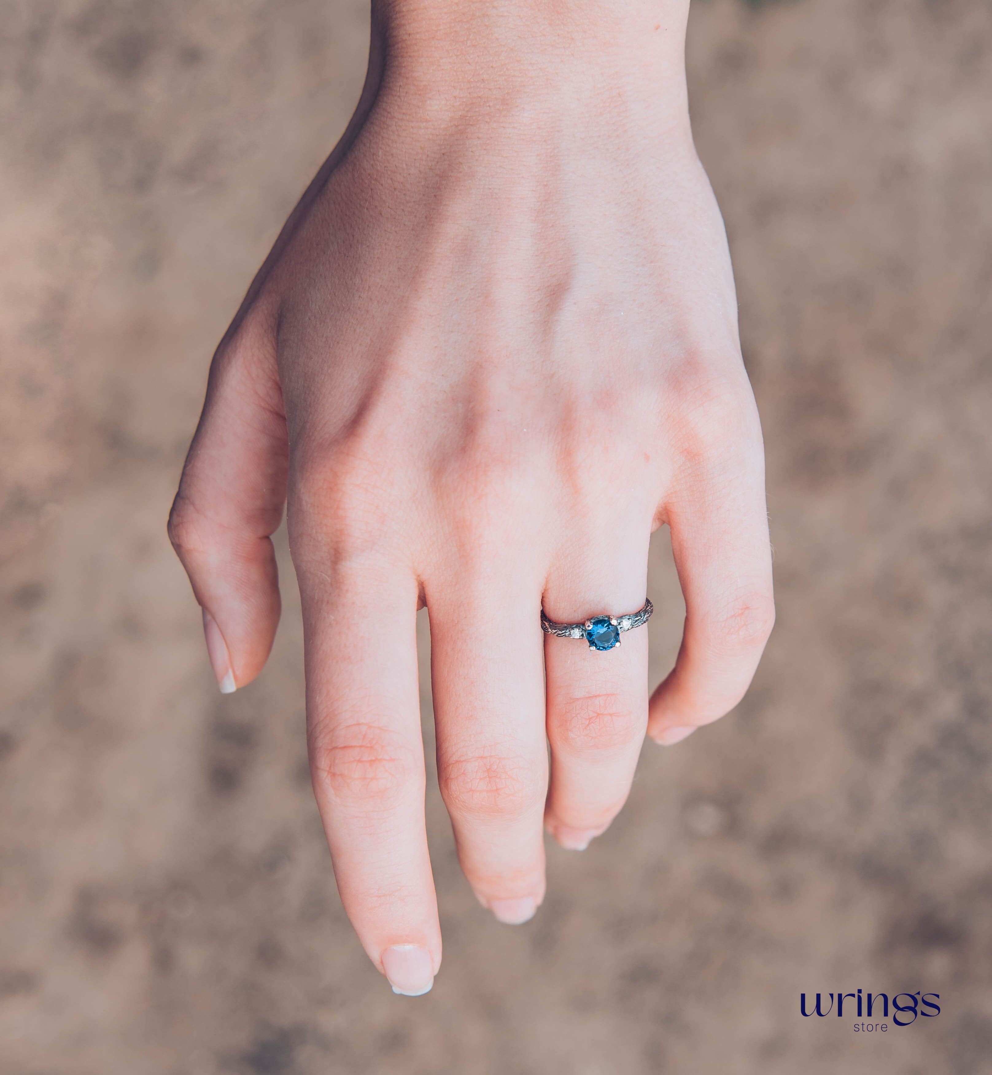 Tiny and Cute Twig Sapphire Engagement Ring with Side Stones