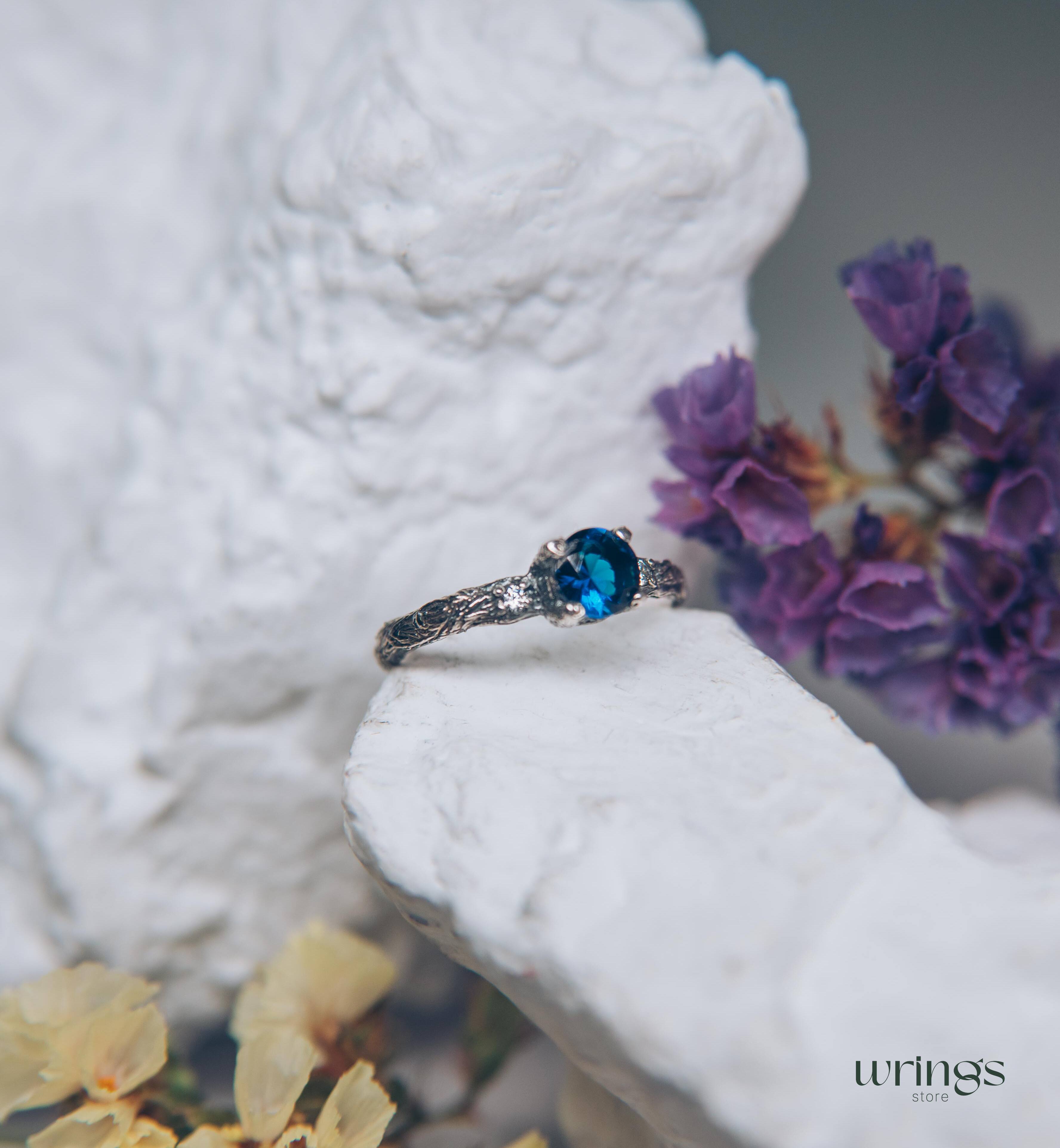 Tiny and Cute Twig Sapphire Engagement Ring with Side Stones
