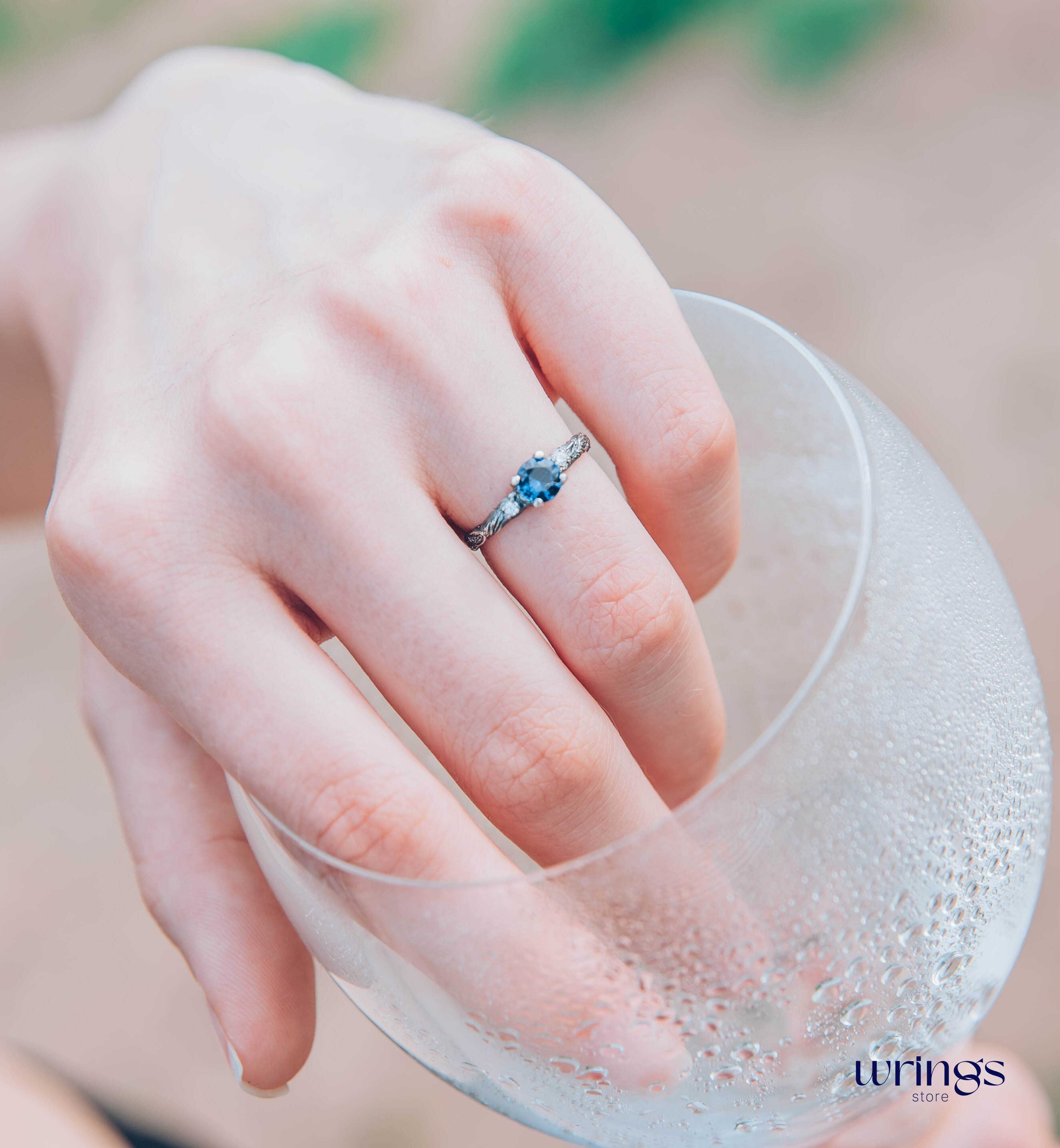 Tiny and Cute Twig Sapphire Engagement Ring with Side Stones
