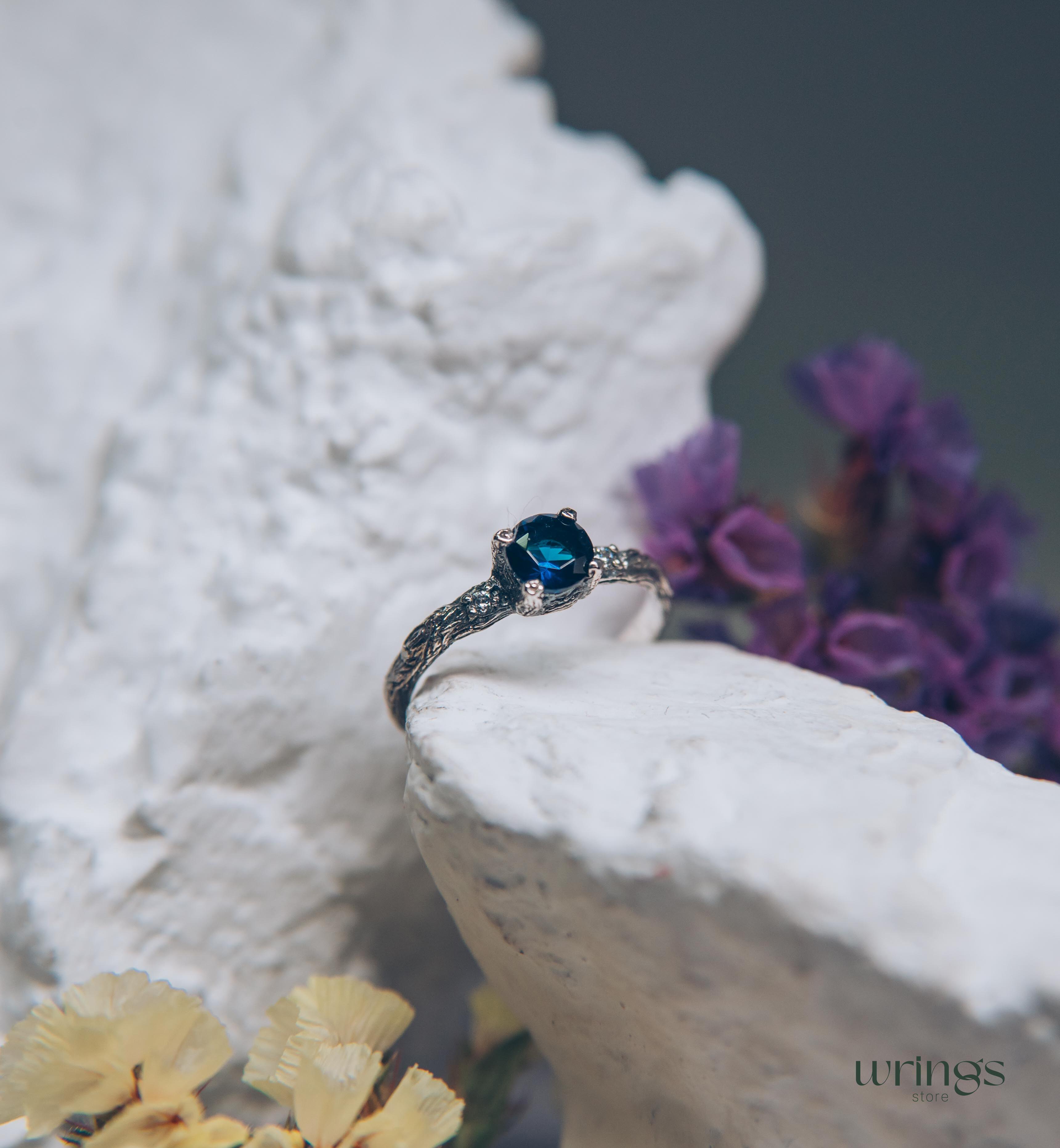 Tiny and Cute Twig Sapphire Engagement Ring with Side Stones