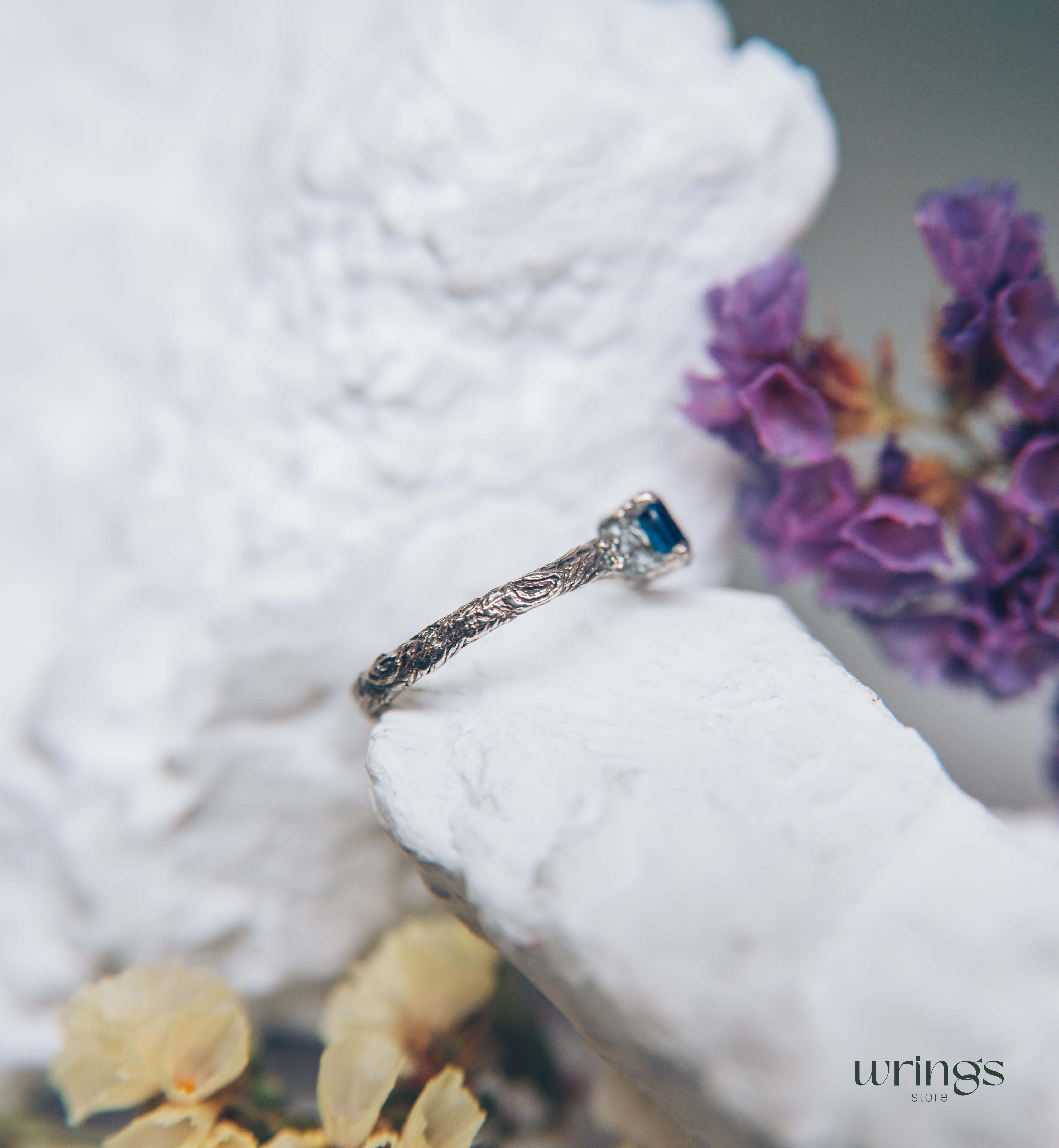 Tiny and Cute Twig Sapphire Engagement Ring with Side Stones