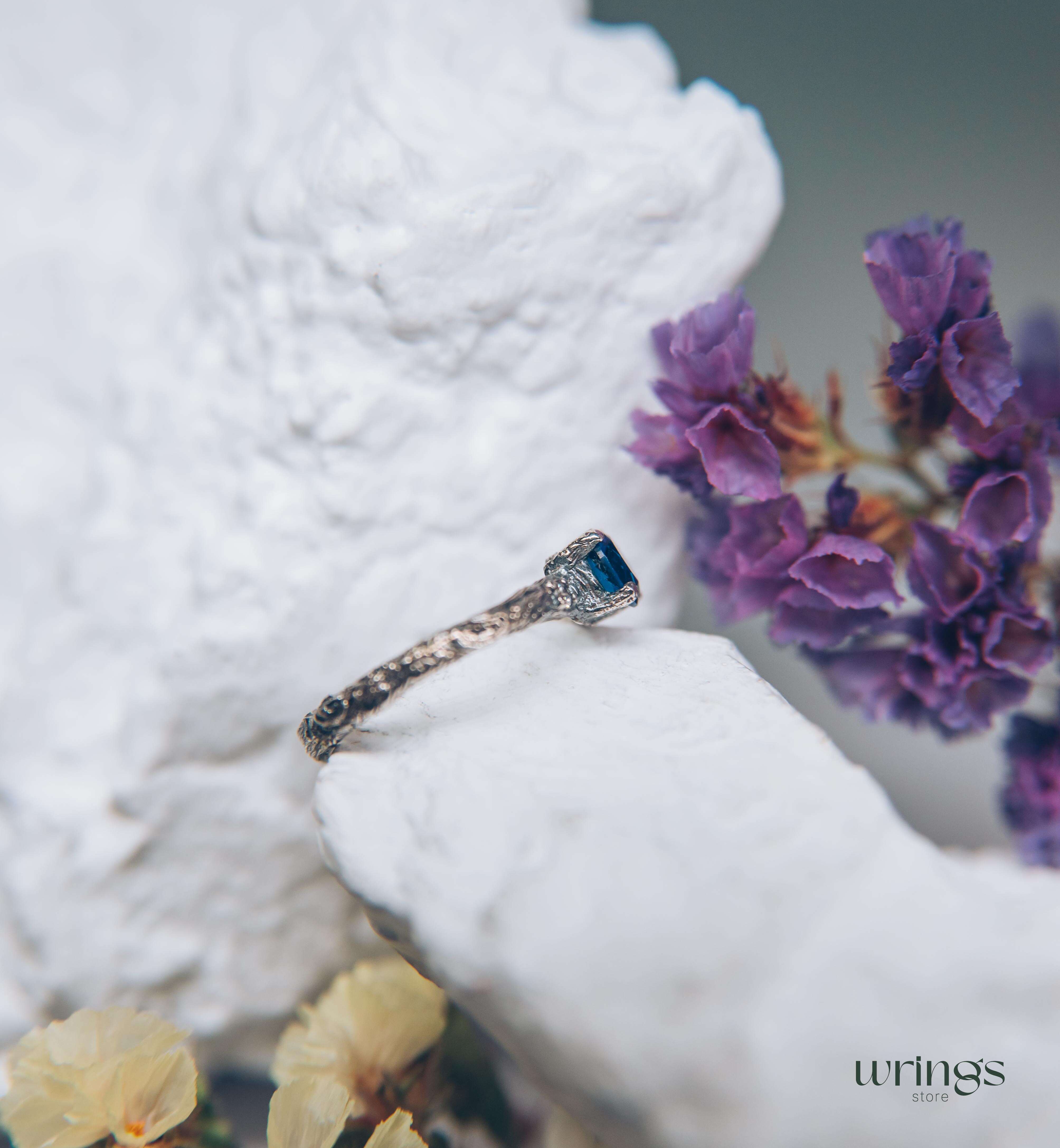 Tiny and Cute Twig Sapphire Engagement Ring with Side Stones